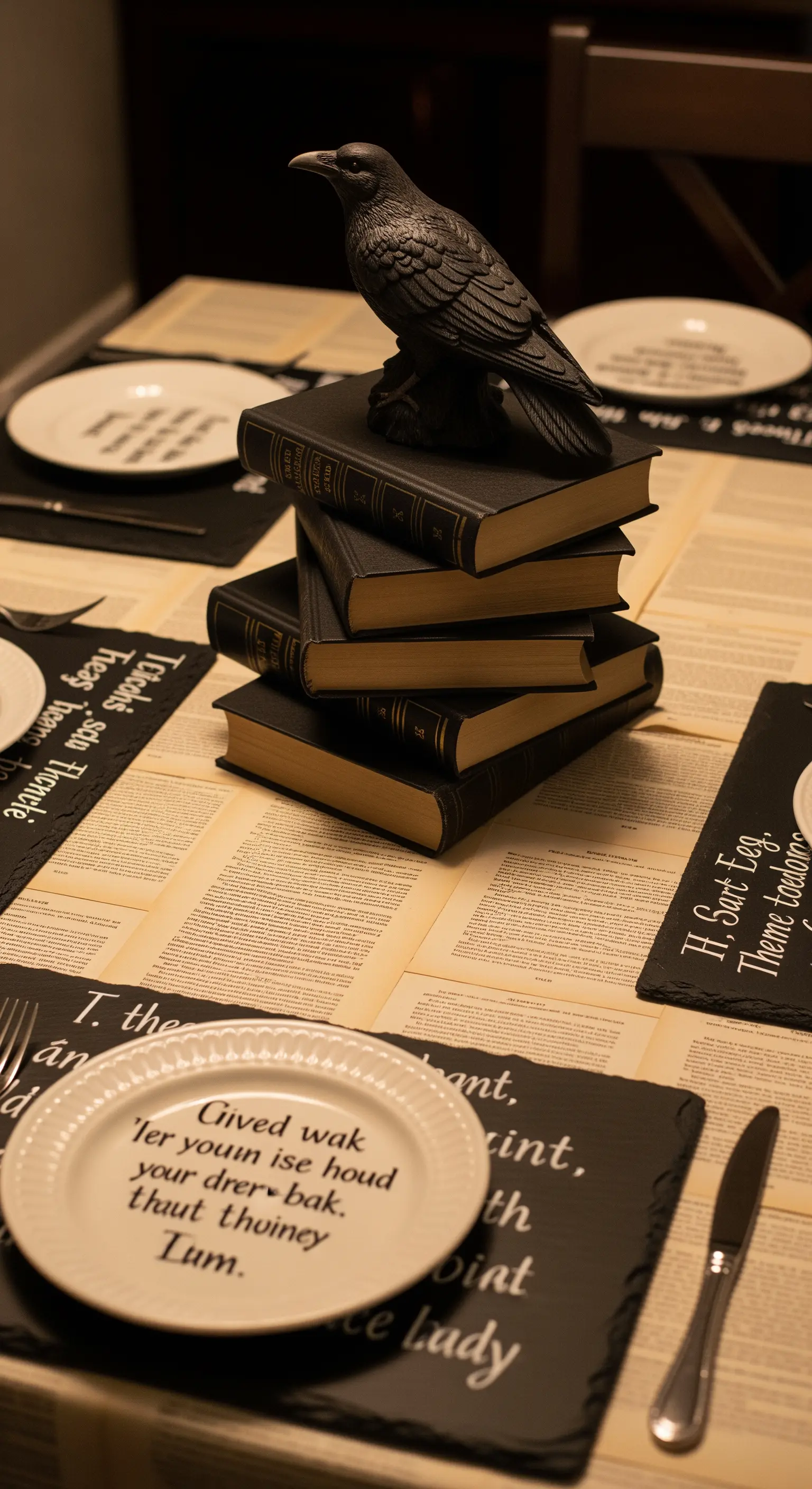 Centrotavola con libri antichi e un corvo, su una tavola apparecchiata con pagine di libro.