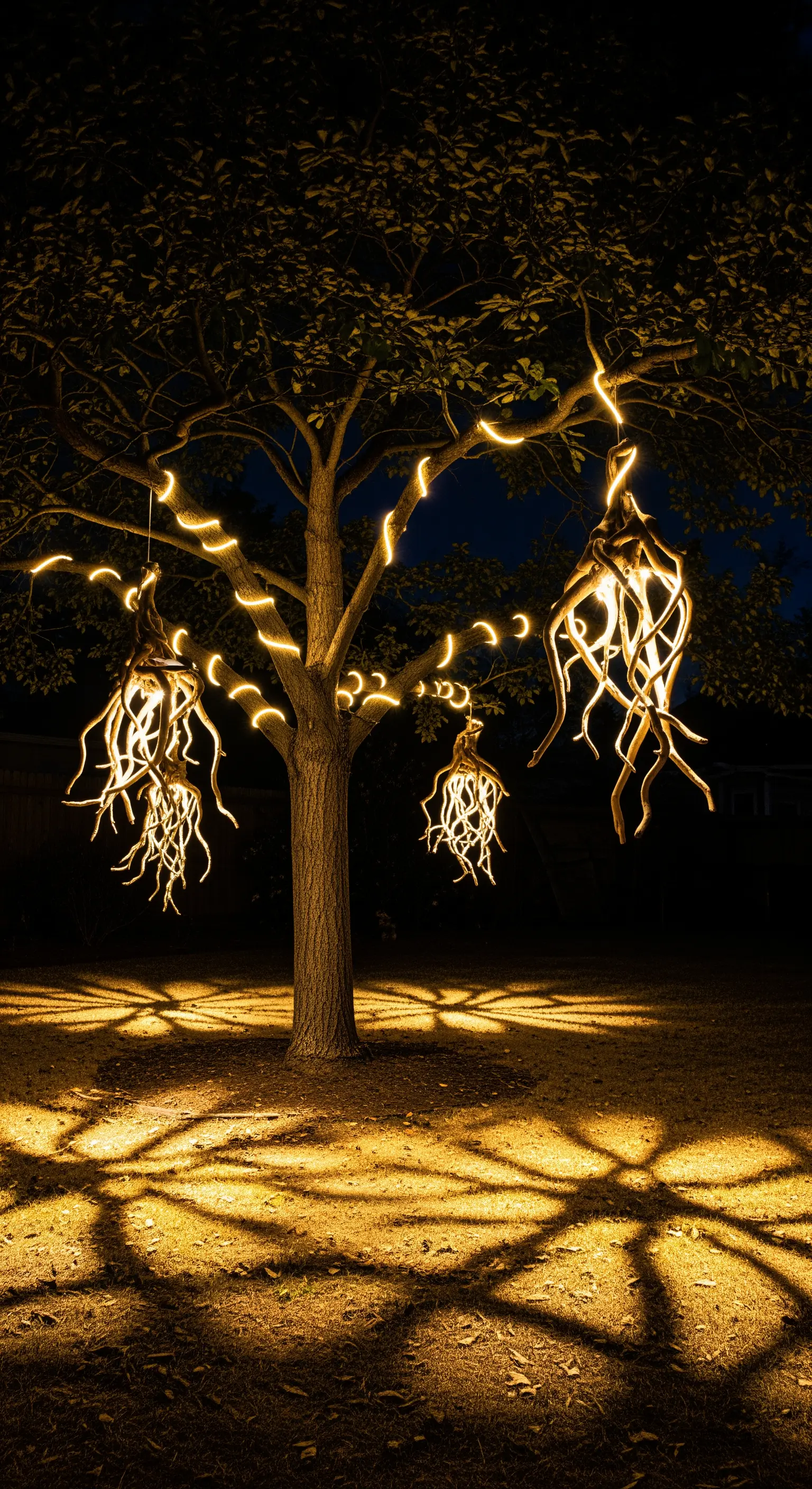 Radici di legno intrecciate e avvolte in corde luminose a LED, appese a un albero.