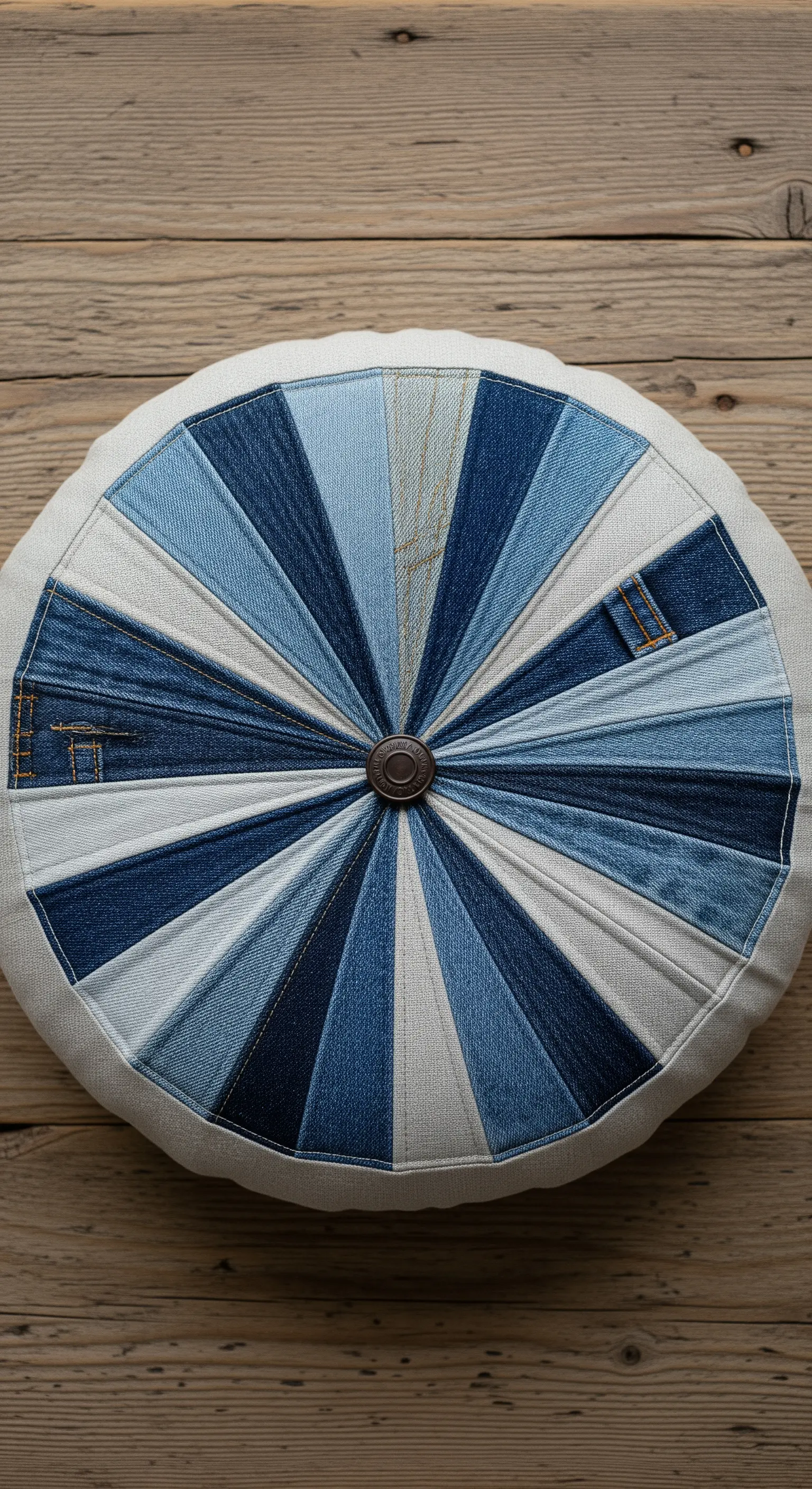 Cuscino rotondo con spicchi di denim di varie tonalità che convergono verso un bottone centrale.