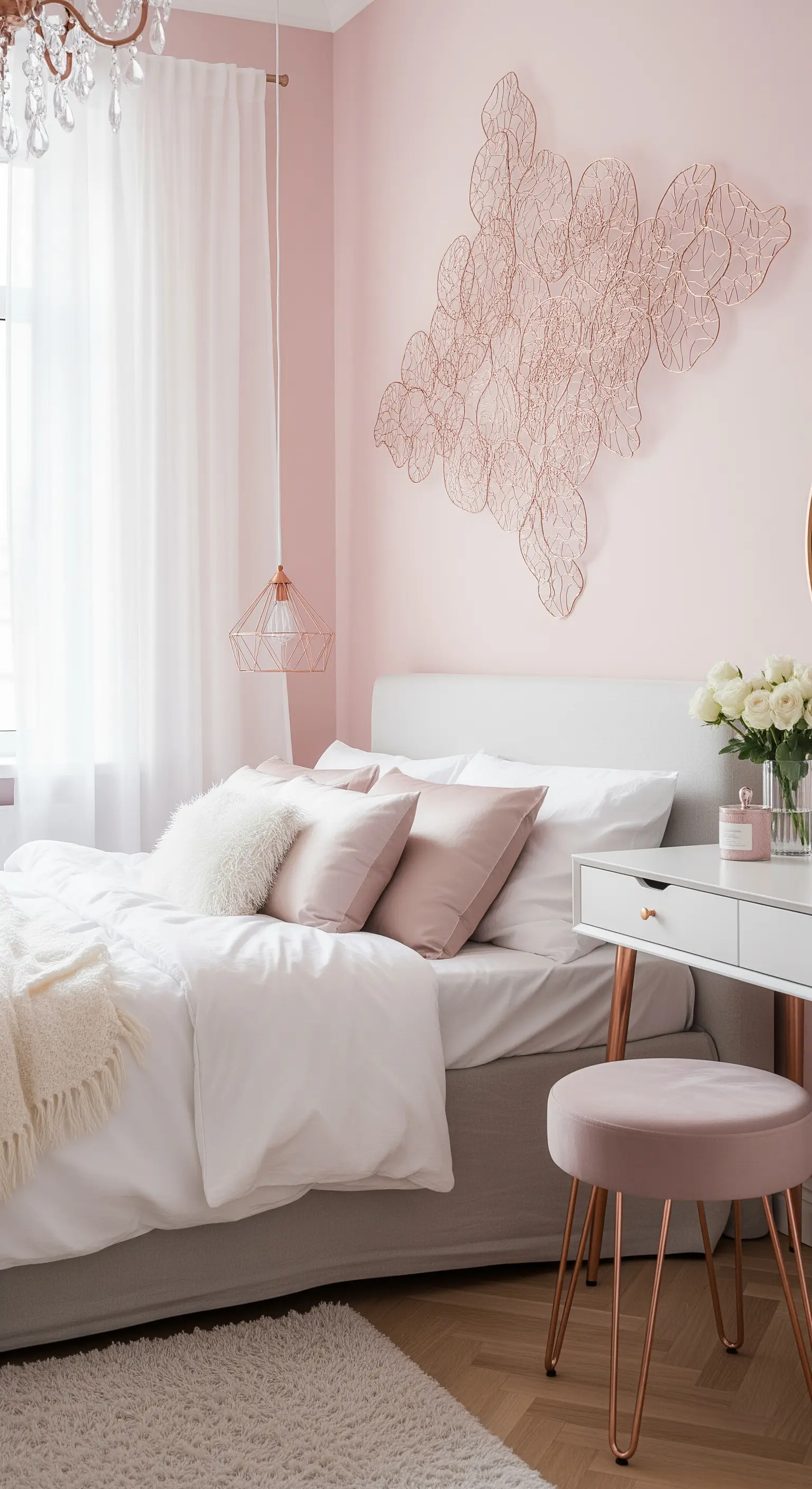 Dettagli in rame rosato in una camera da letto rosa: lampada, sgabello e decorazione murale.