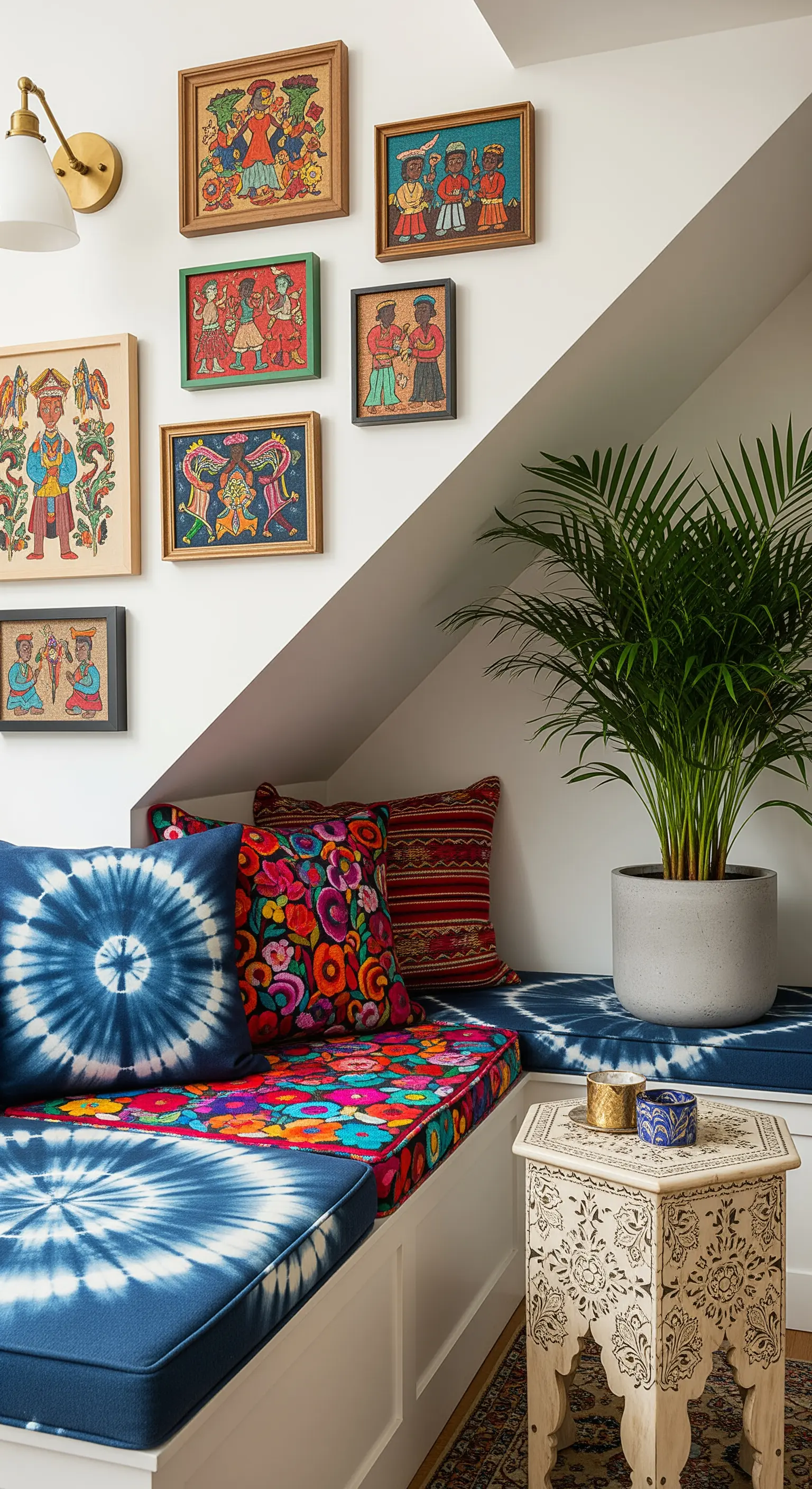 Panca su misura in un sottoscala con cuscini tie-dye e una galleria di arte folk alla parete.