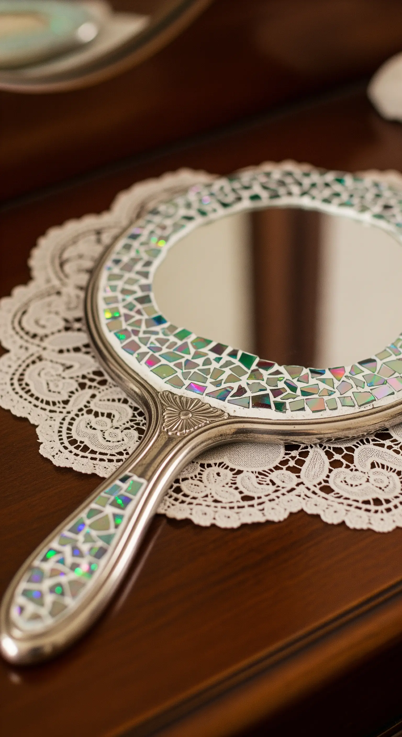 Specchio a mano vintage con la cornice decorata da un fine mosaico di frammenti di CD.