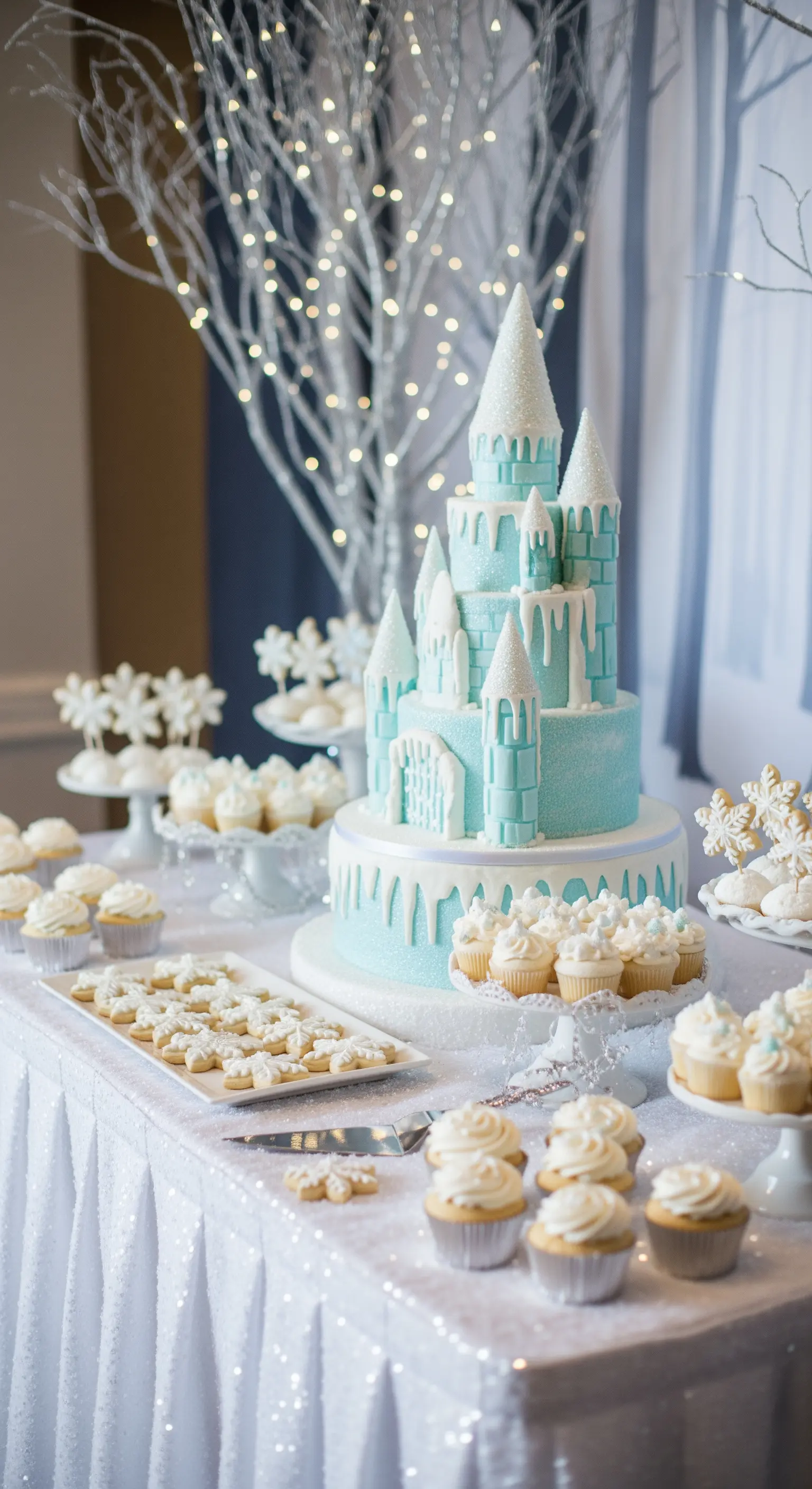 Torta a forma di castello di ghiaccio su un tavolo bianco con decorazioni a fiocco di neve e luci