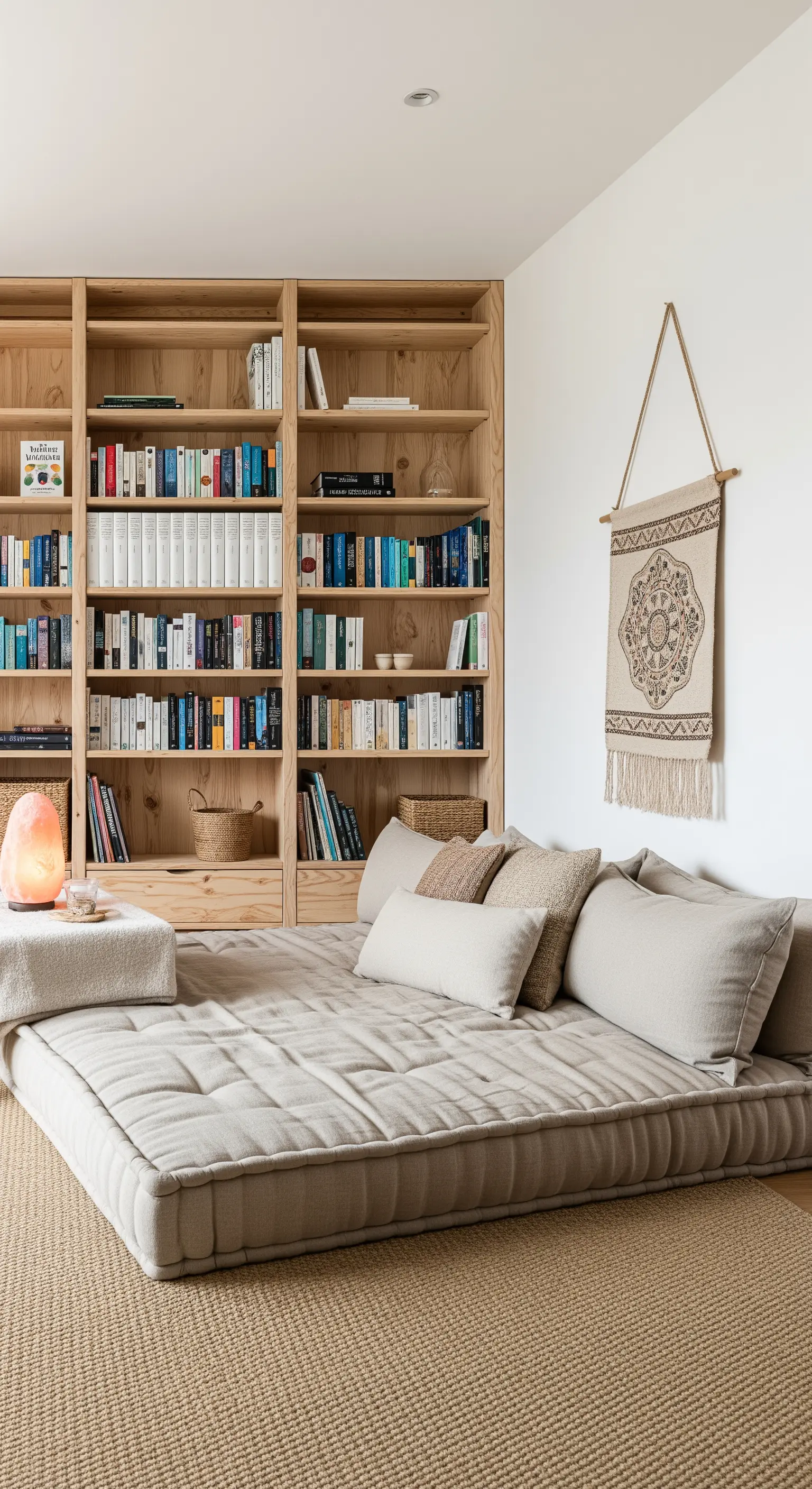 Libreria in legno chiaro con un grande materasso da pavimento e cuscini in stile zen.