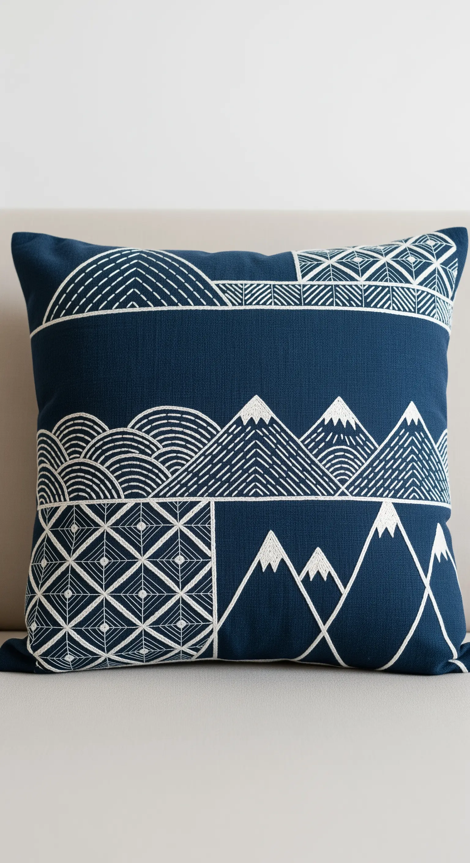 Cuscino blu indaco con motivi geometrici di montagne e onde ricamati in stile Sashiko.