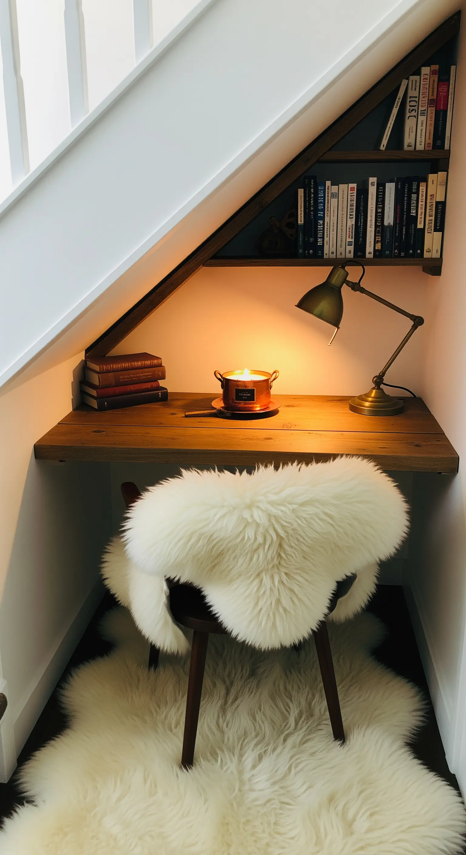 Angolo studio ricavato in un sottoscala, con sedia e tappeto in pelle di pecora bianca.