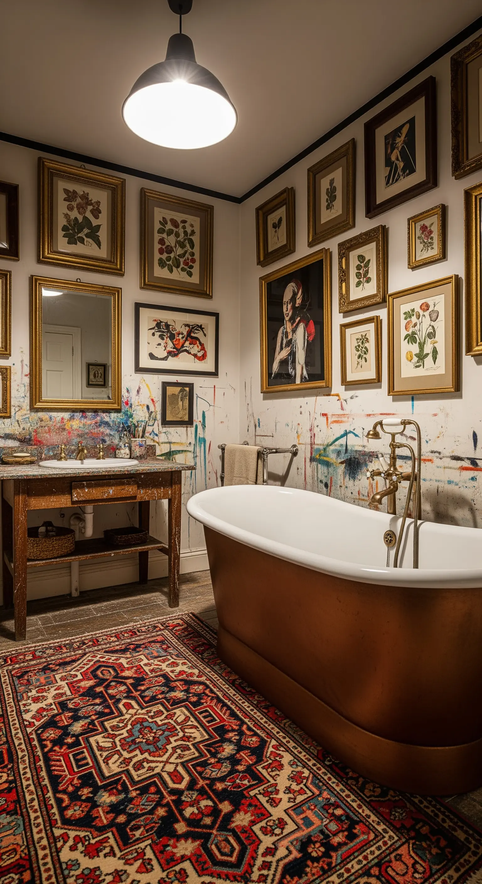Bagno eclettico con pareti coperte di quadri, vasca in rame e tappeto persiano.