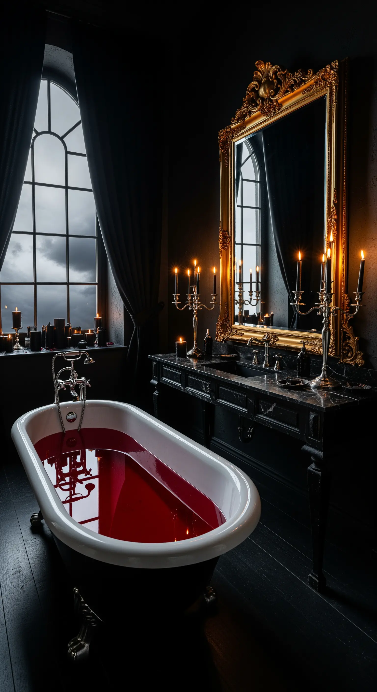 Bagno gotico con vasca piena di liquido rosso, specchio dorato e candelabri accesi
