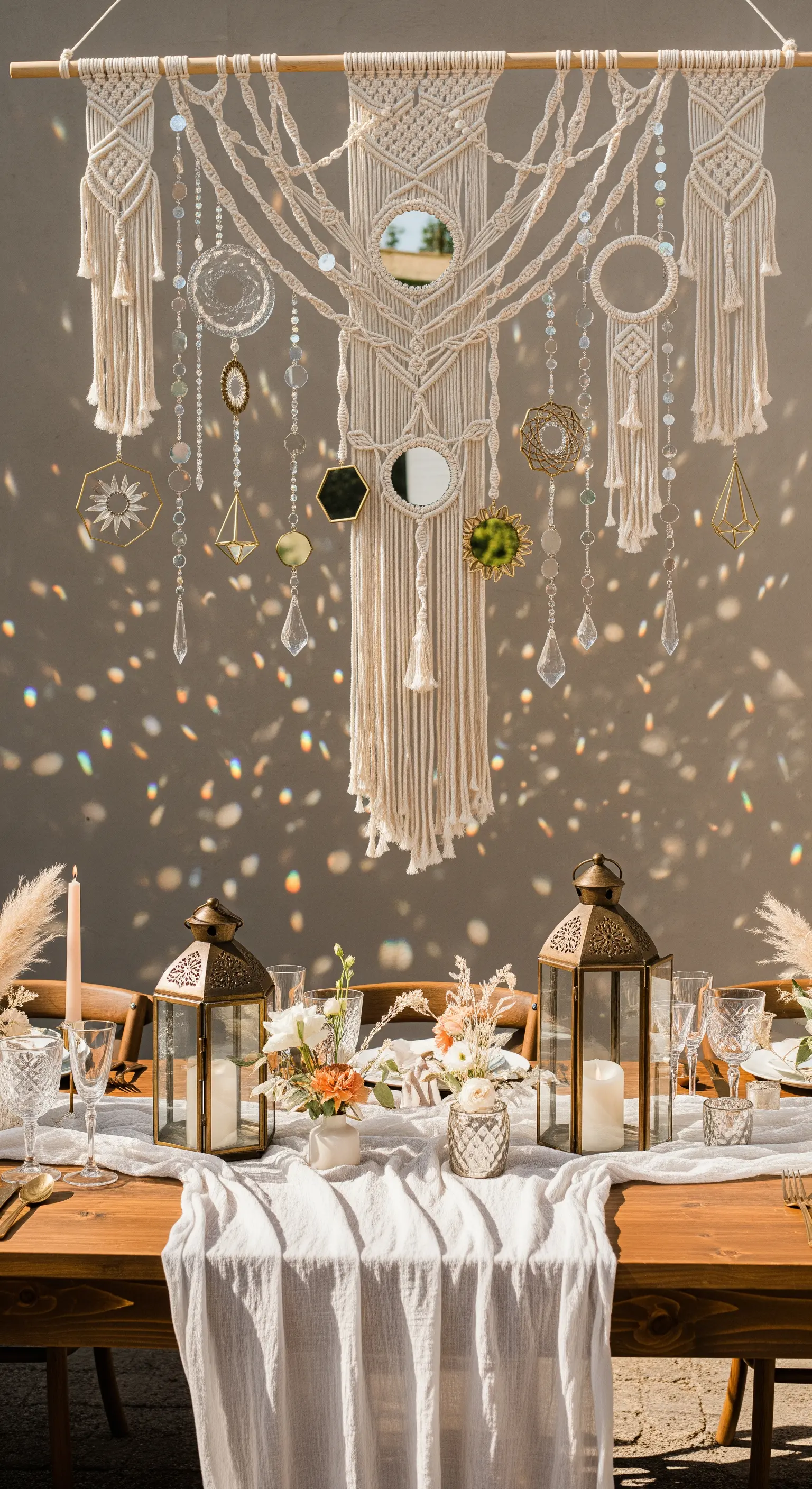 Decorazione da parete in macramè con piccoli specchi e cristalli per una tavola in stile boho.