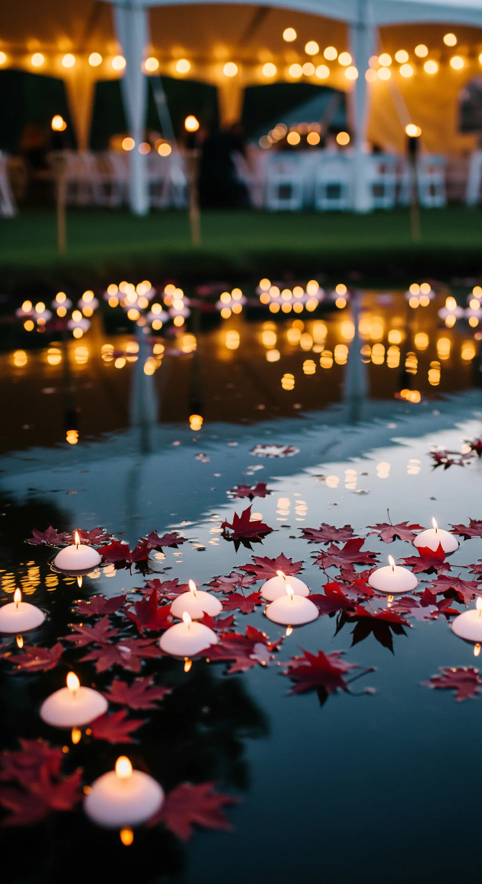 Candele galleggianti e foglie d'acero rosse sulla superficie di un laghetto di sera.