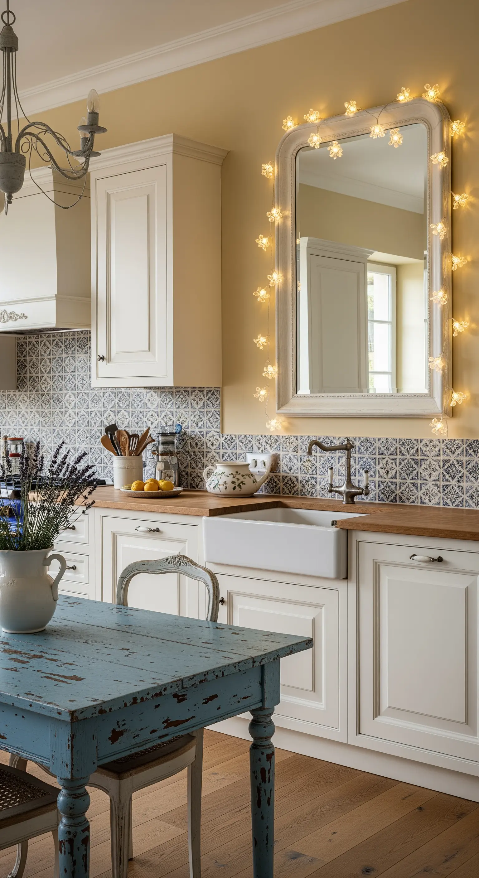 Cucina provenzale con uno specchio dalla cornice bianca, circondato da una ghirlanda di luci.