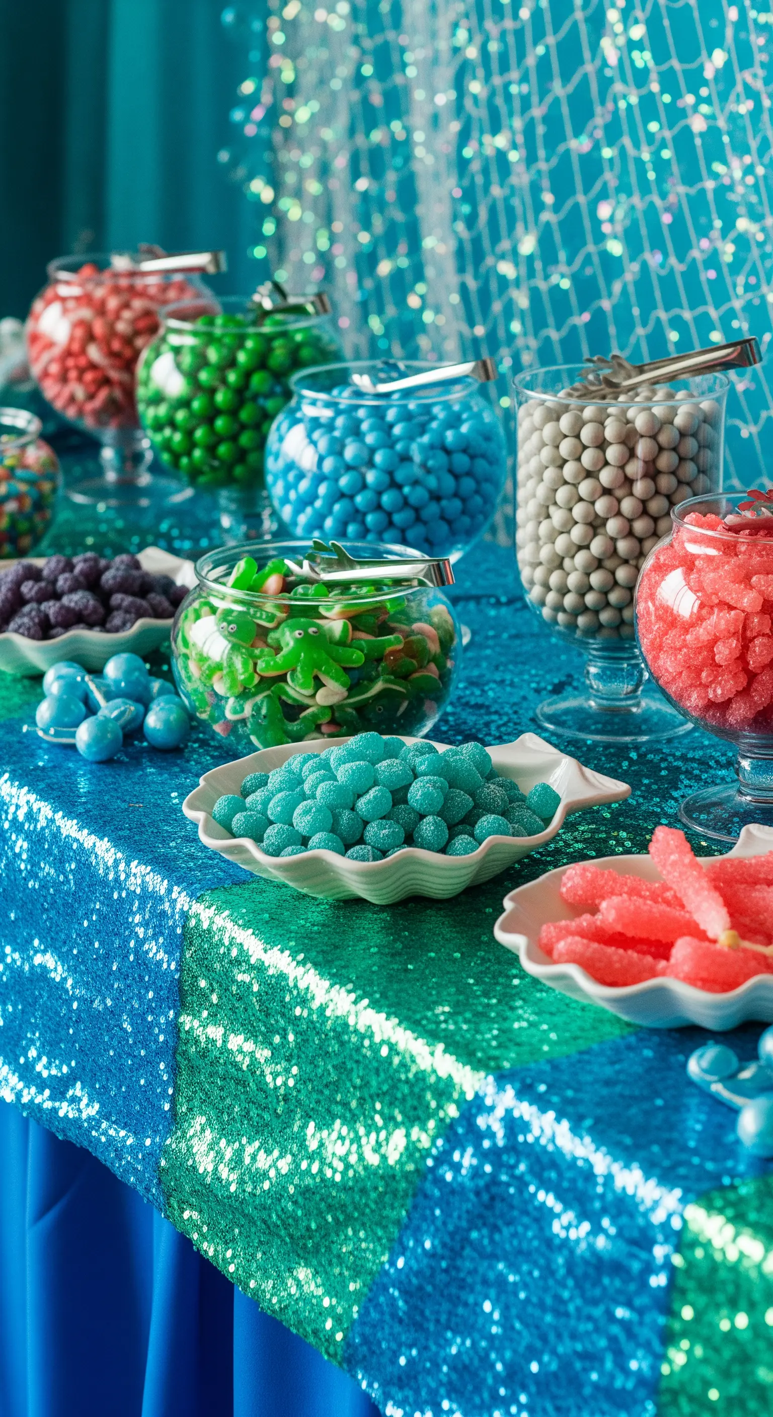 Tavolo di caramelle a tema marino con tovaglia di paillettes blu e verdi e dolci acquatici