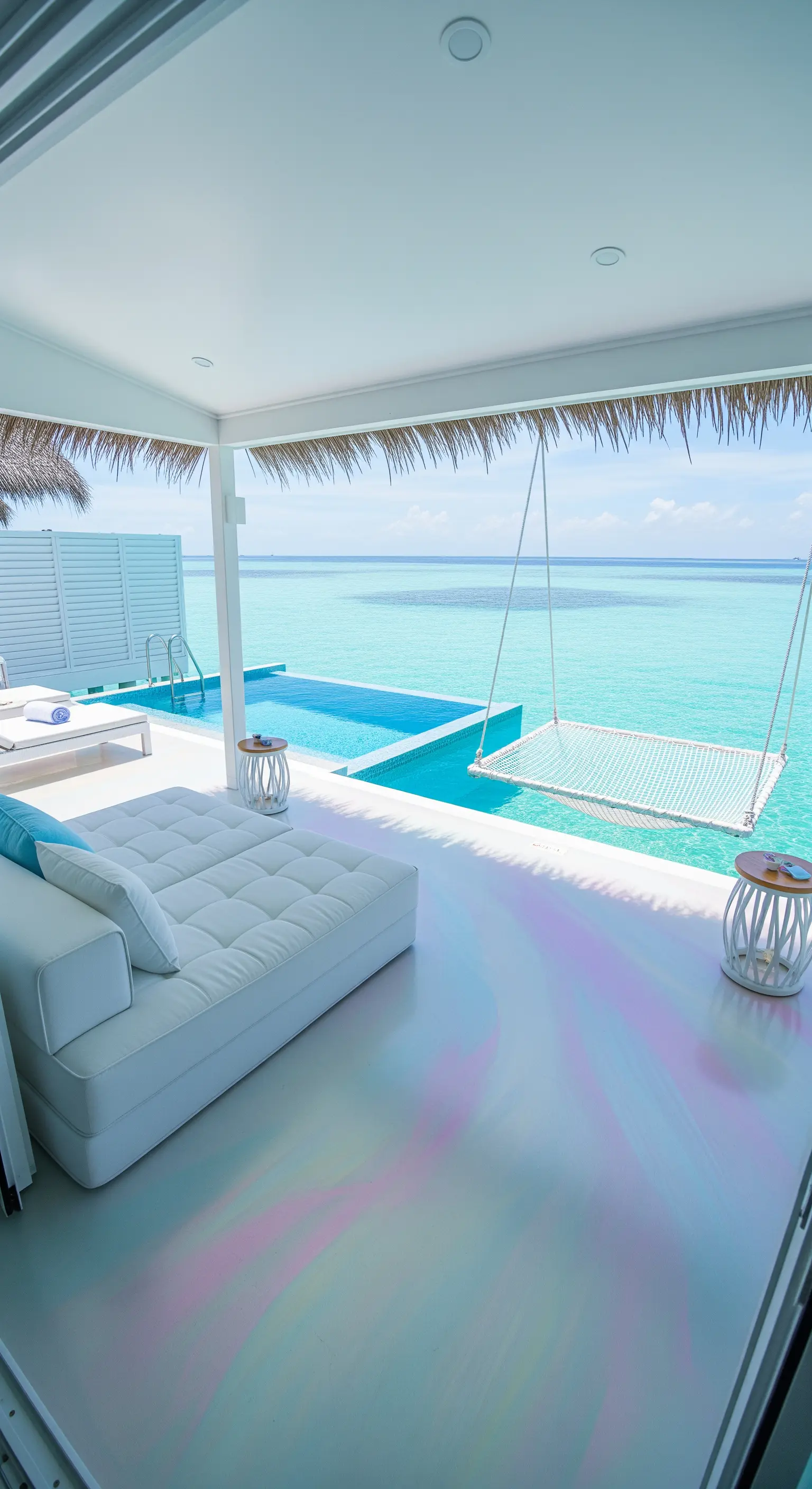 Bungalow sull'acqua con pavimento bianco perlescente, lettino e amaca sospesa sul mare.