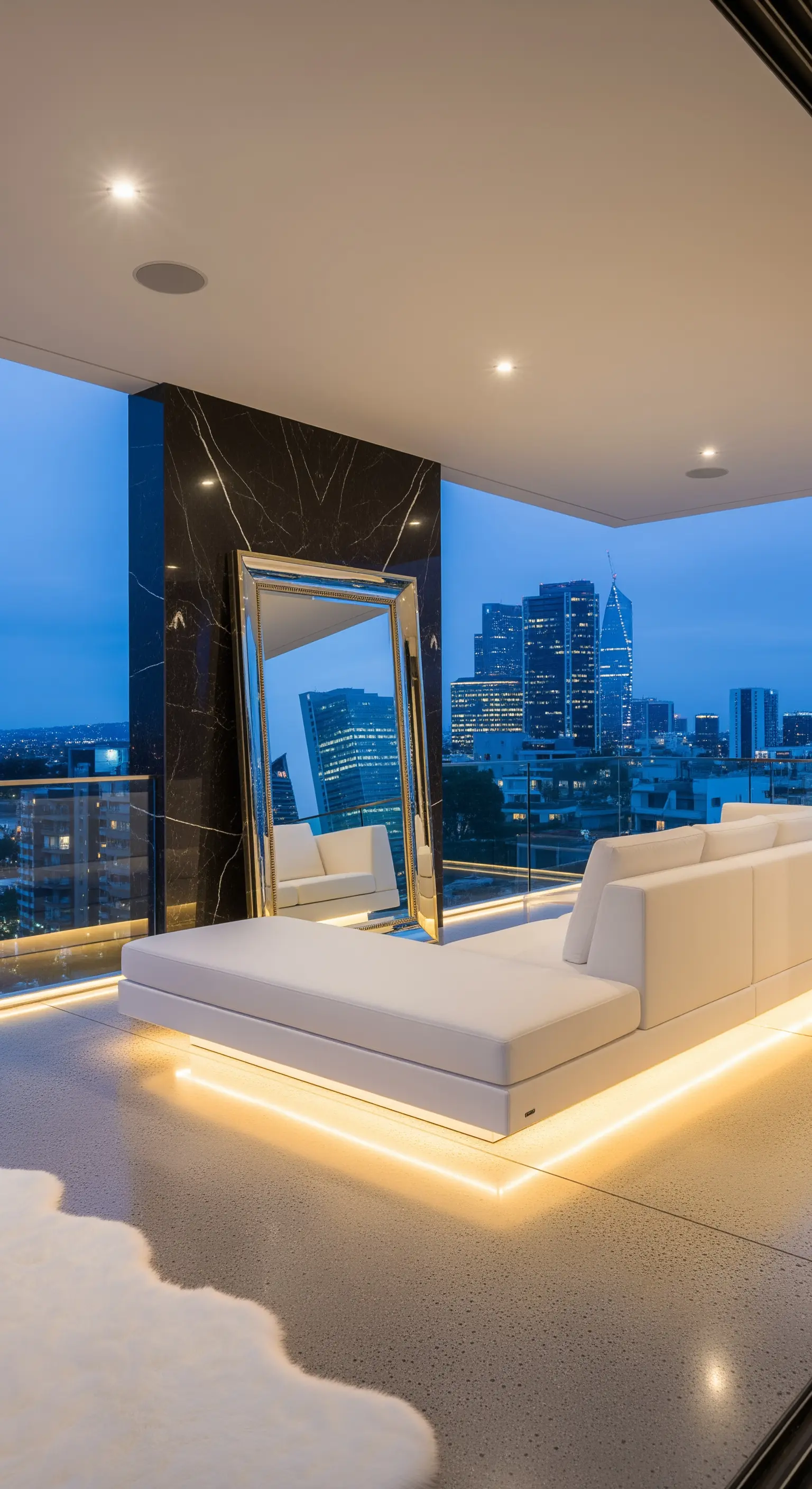 Veranda moderna con divano bianco illuminato da LED, specchio a figura intera e vista sulla città