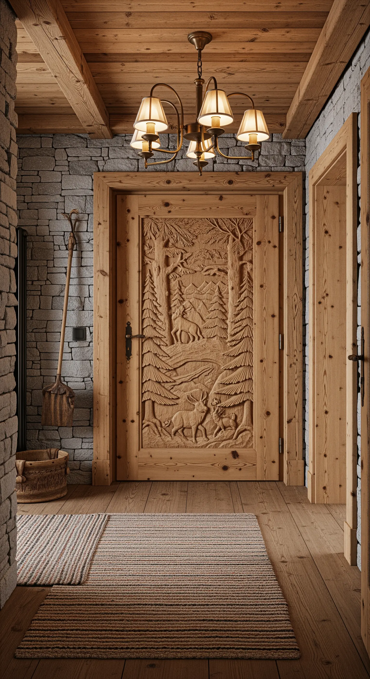 Ingresso rustico con parete in pietra, porta in legno intagliato con cervi e soffitto con travi a vista.