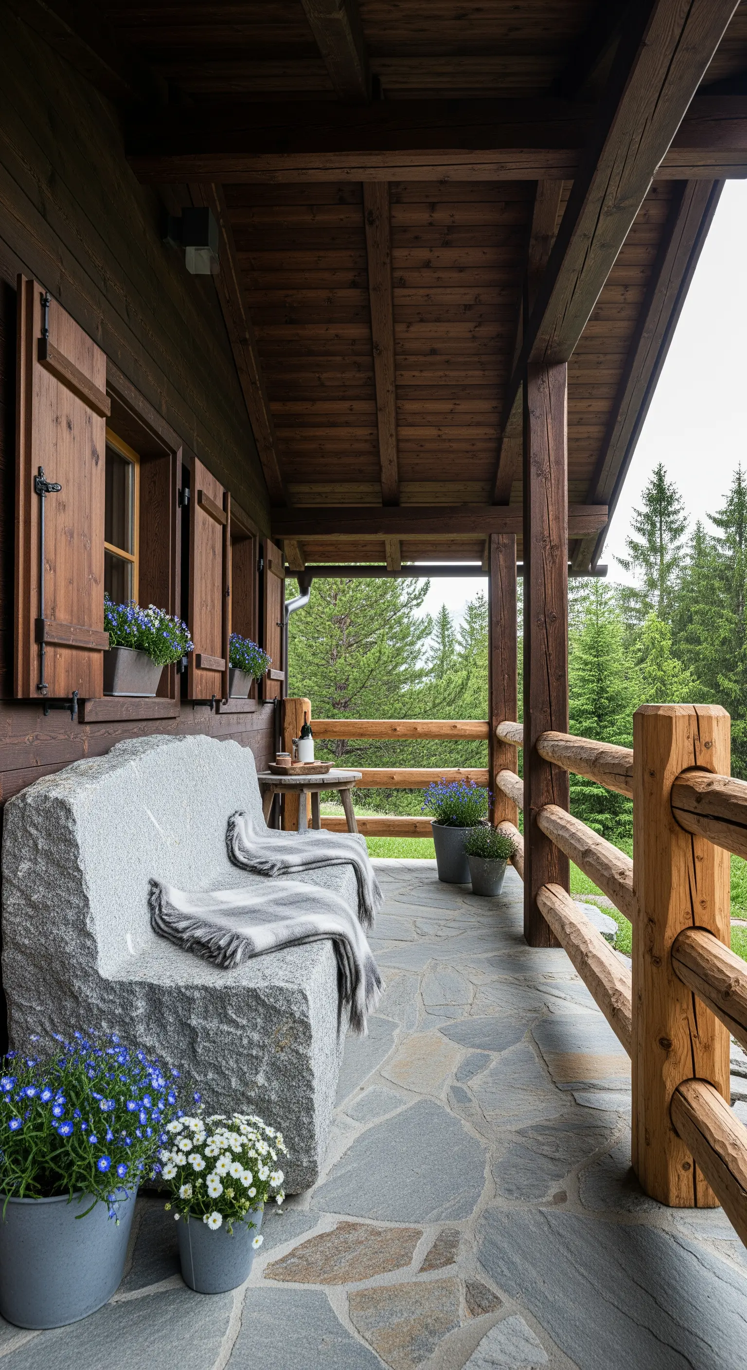 Portico di montagna con panca in granito, coperte di lana e pavimento in ardesia.