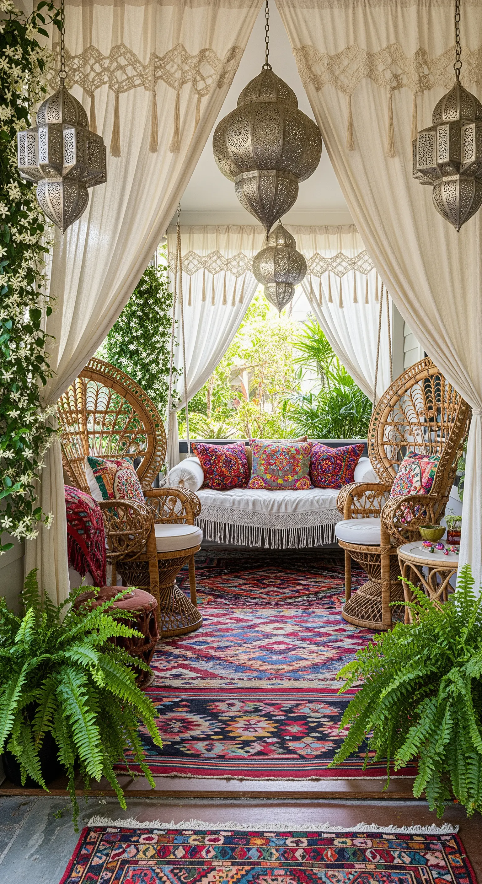 Veranda bohémien con sedie in rattan, tappeto persiano e lanterne marocchine.