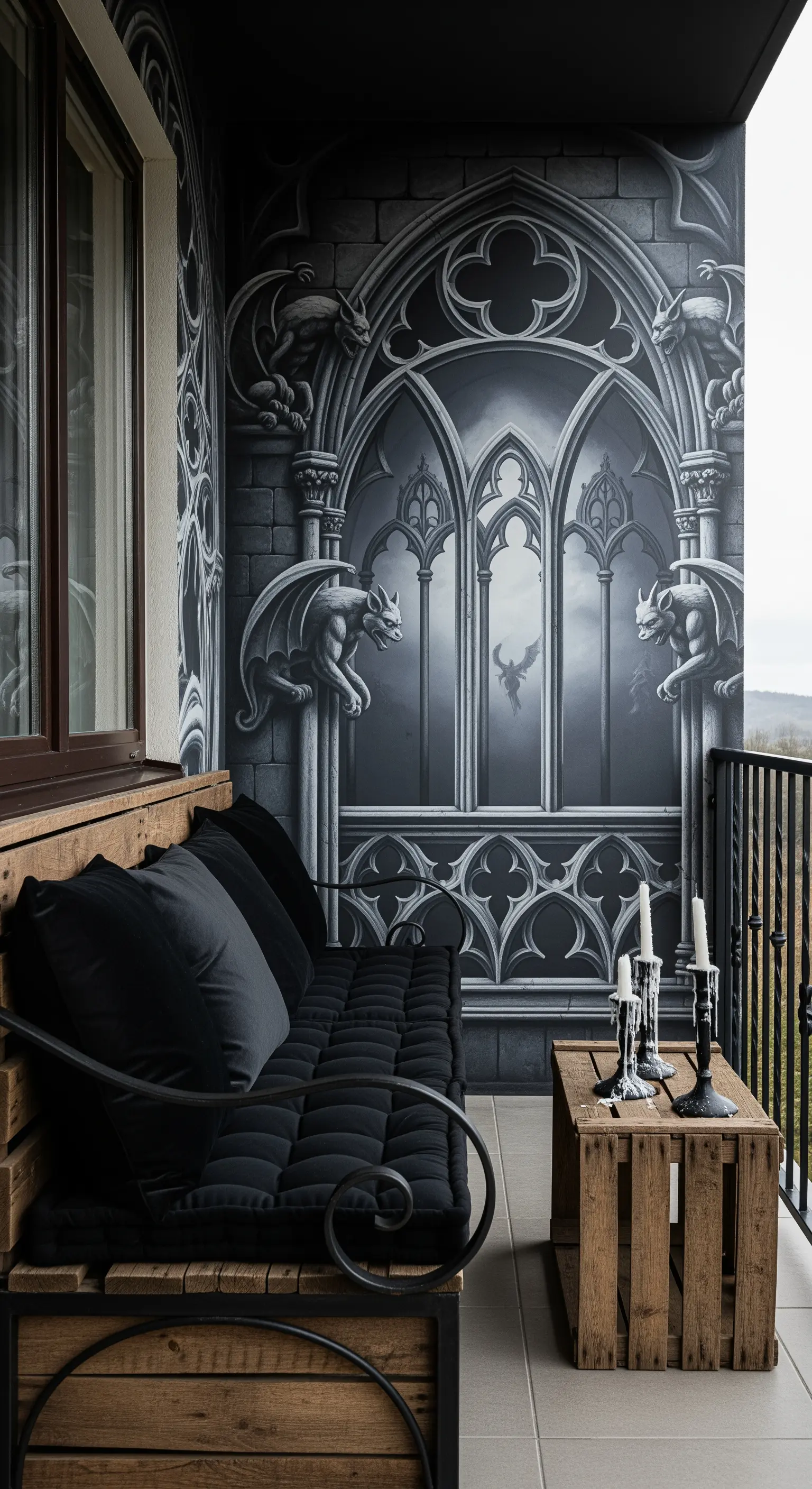 Balcone con murale gotico in bianco e nero, panca in legno scuro e cuscini neri.