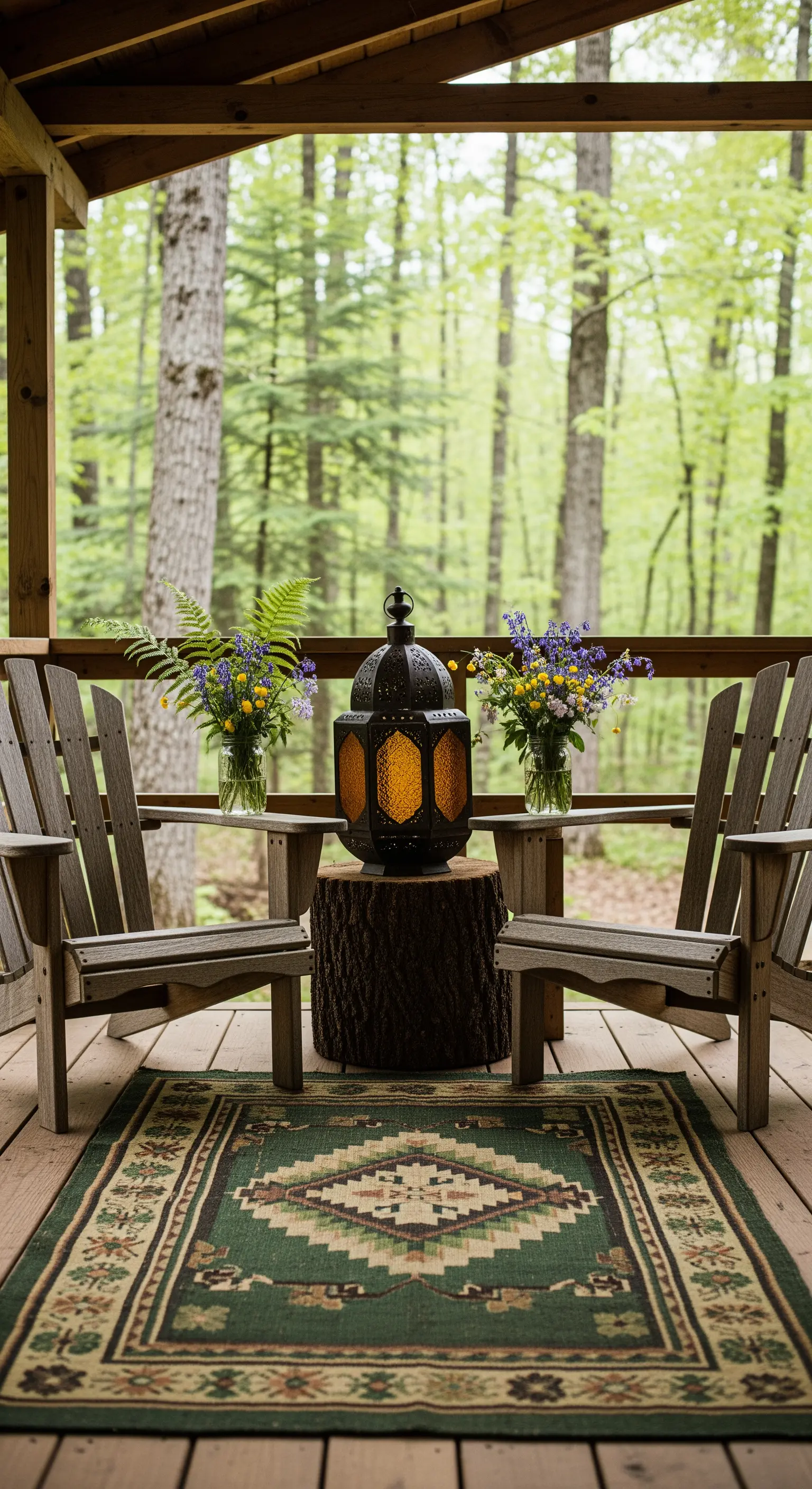 Portico nel bosco con sedie in legno, tappeto kilim verde e lanterna su un ceppo.