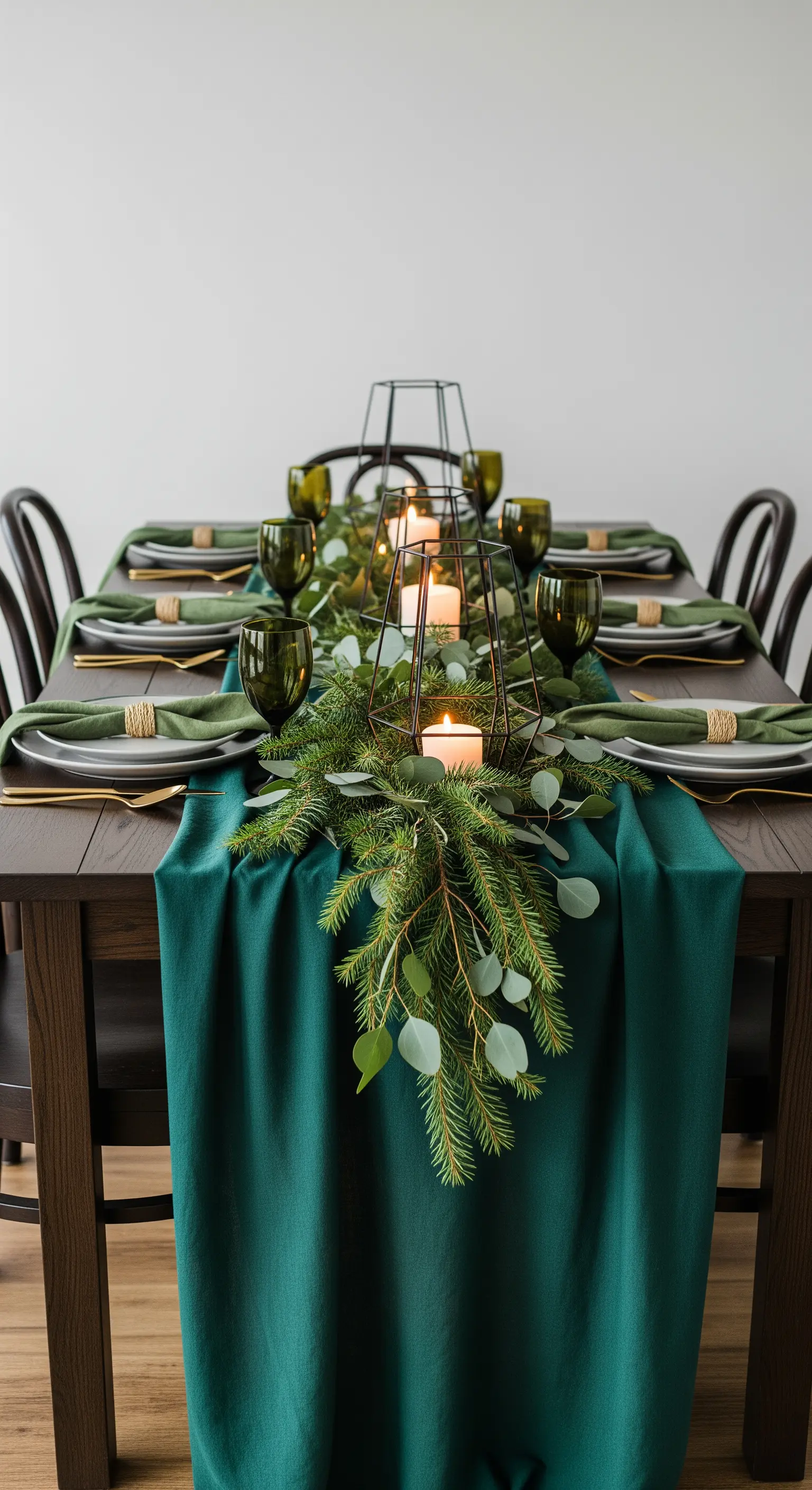 Tavola verde scuro con runner di pino ed eucalipto e lanterne nere geometriche.