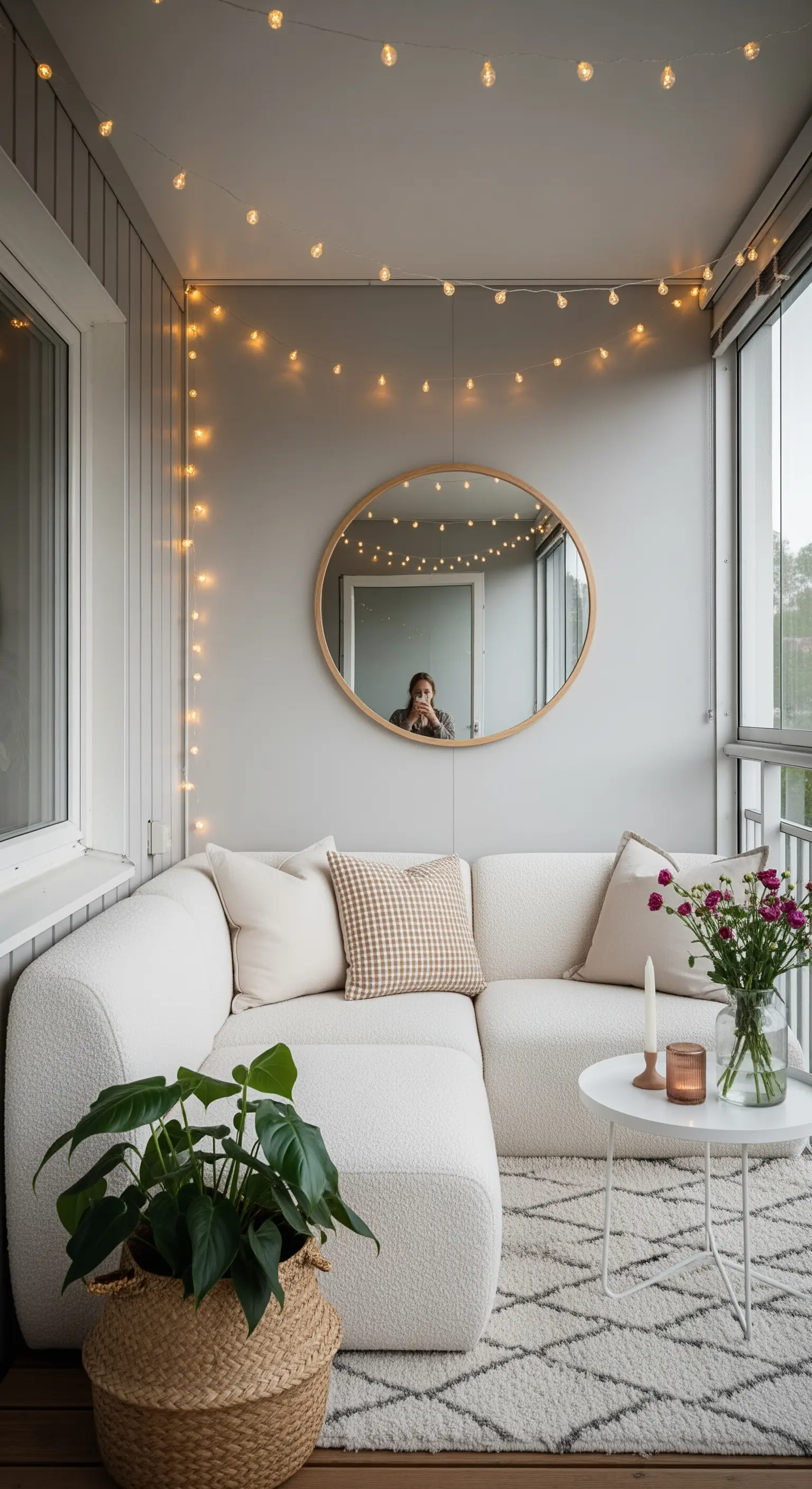 Balcone chiuso con divano bianco bouclé, specchio ovale e filo di luci calde appeso.