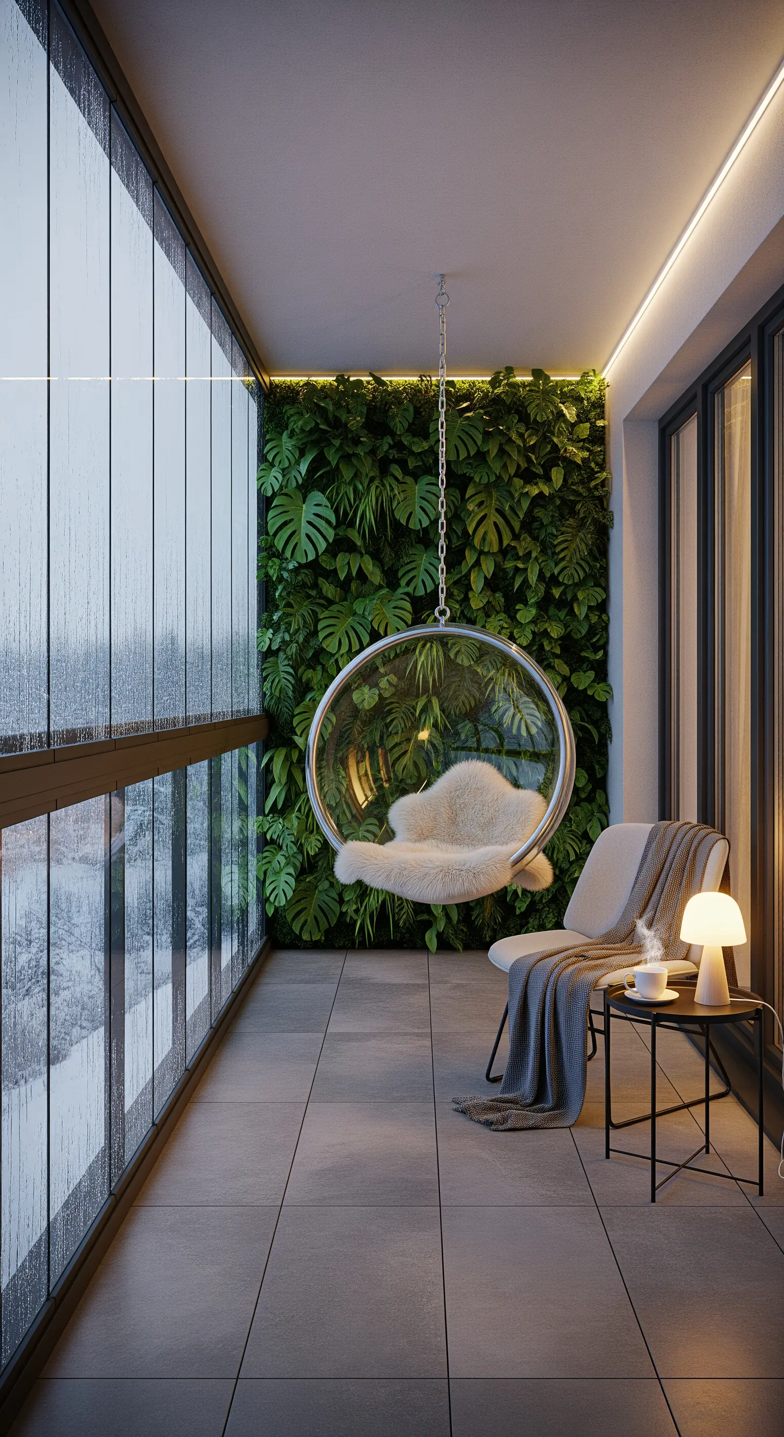 Balcone chiuso da vetrate con sedia a bolla trasparente e una lussureggiante parete verde.