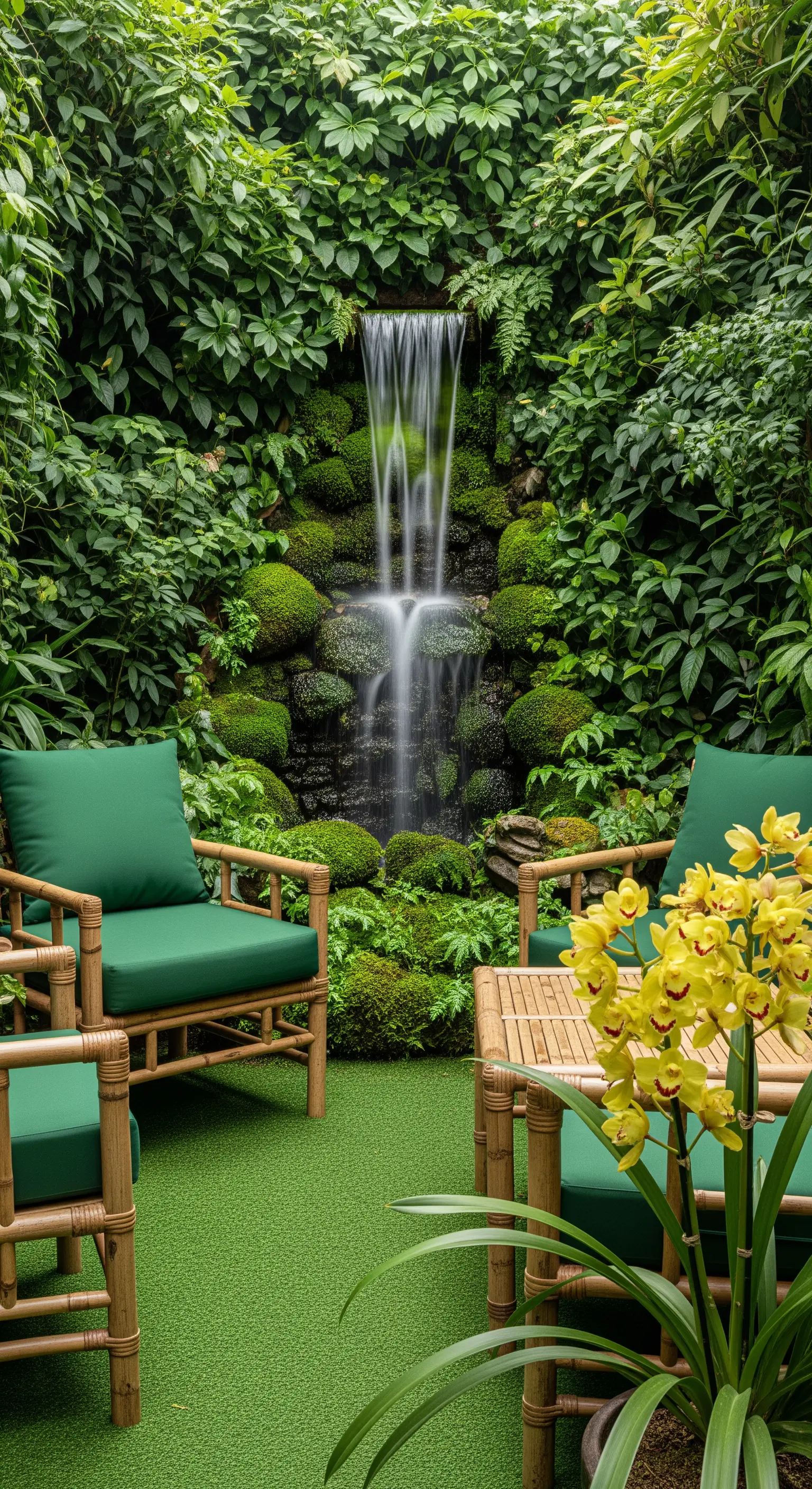 Angolo giardino con cascata di roccia nascosta tra una fitta vegetazione e sedie in bambù.