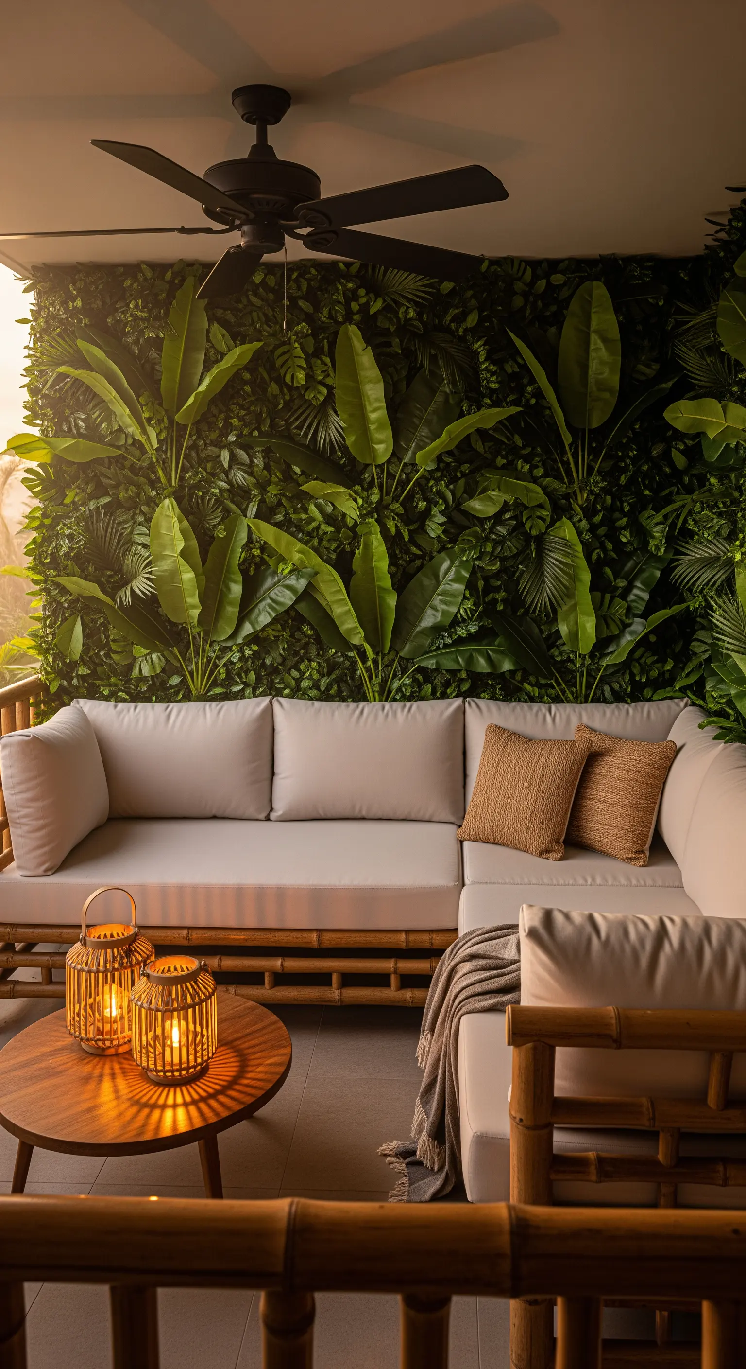 Balcone esotico con divano in bambù, parete verde con foglie di banano e lanterne accese.