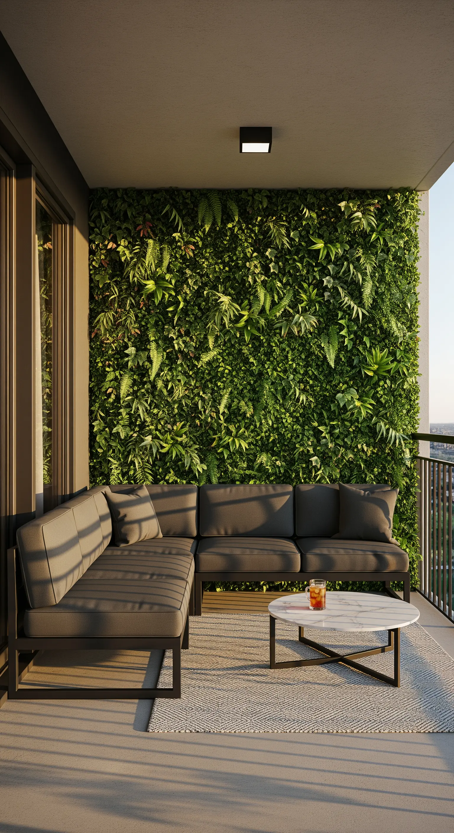 Balcone moderno con divano angolare grigio scuro e una lussureggiante parete verde verticale.