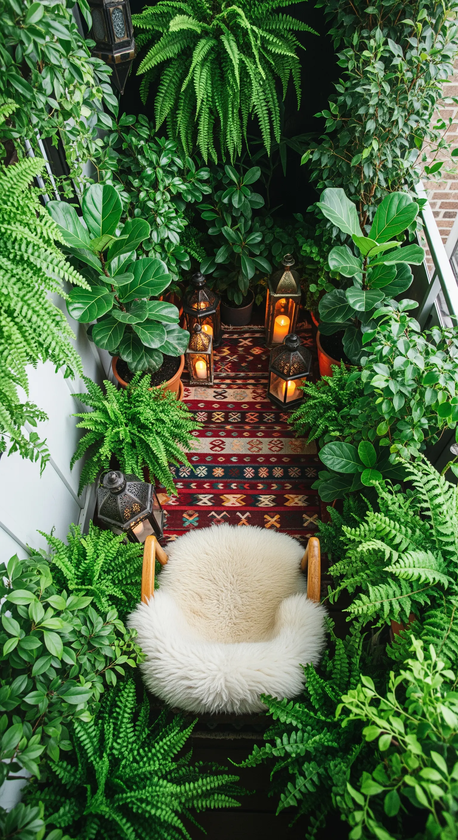 Balcone stretto trasformato in una giungla urbana con piante, tappeto kilim e poltrona in pelliccia.