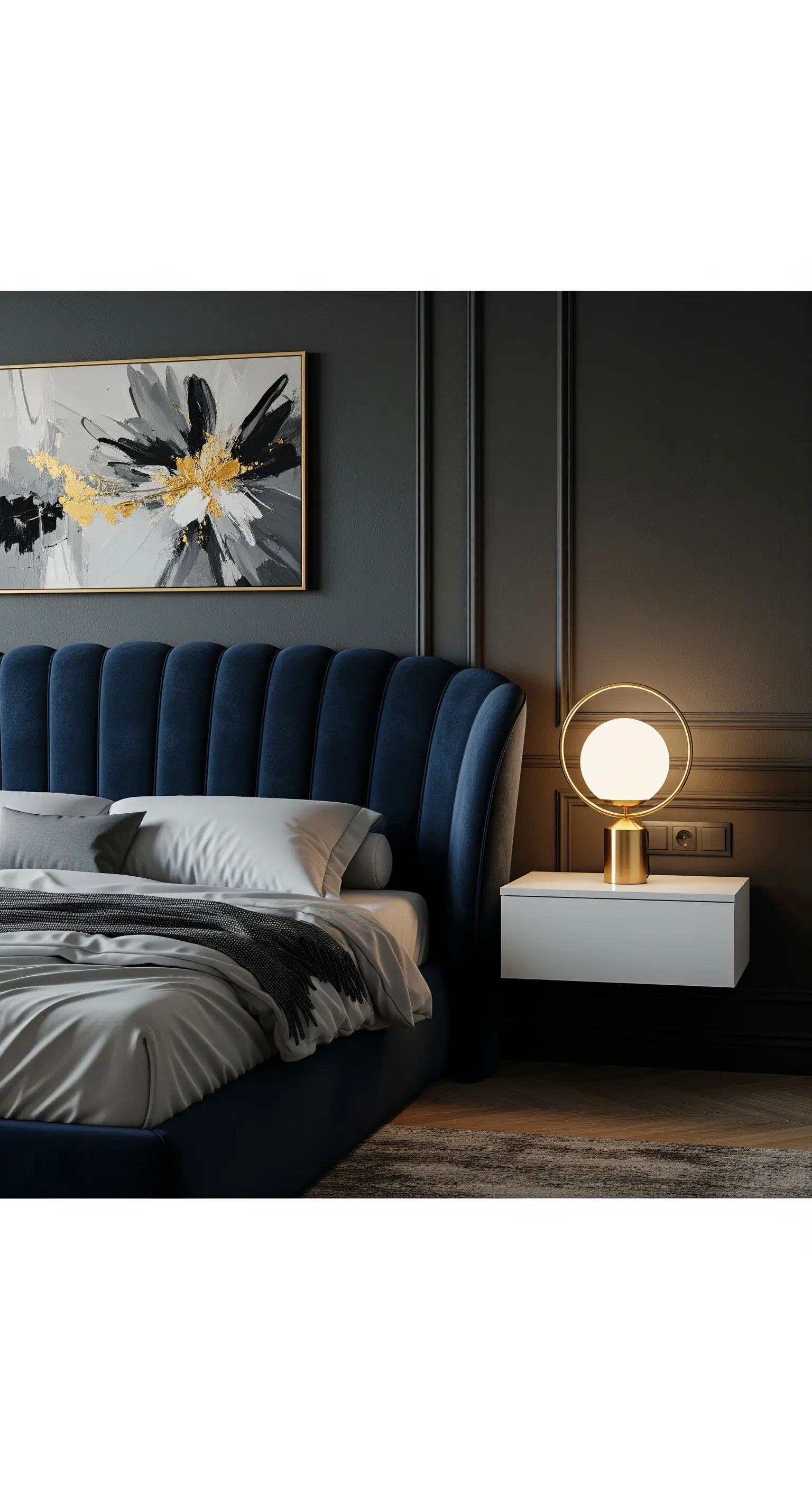 Letto con testiera in velluto blu, parete scura e lampada da comodino dorata.