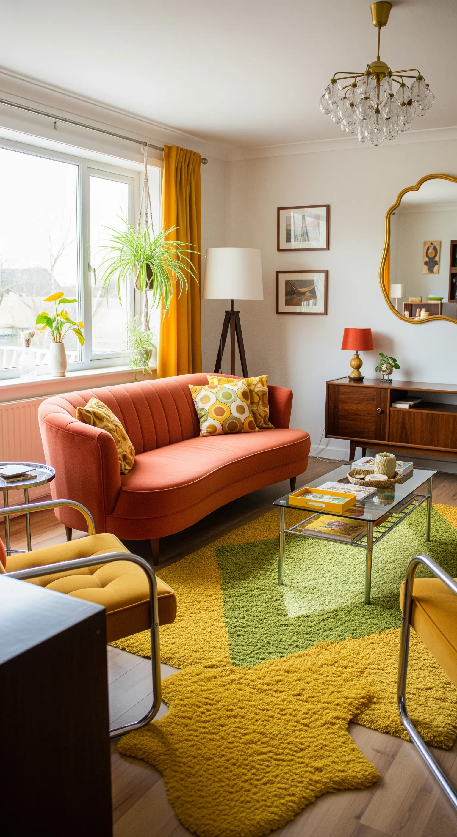 Soggiorno in stile anni '70 con divano curvo terracotta e un tappeto giallo e verde