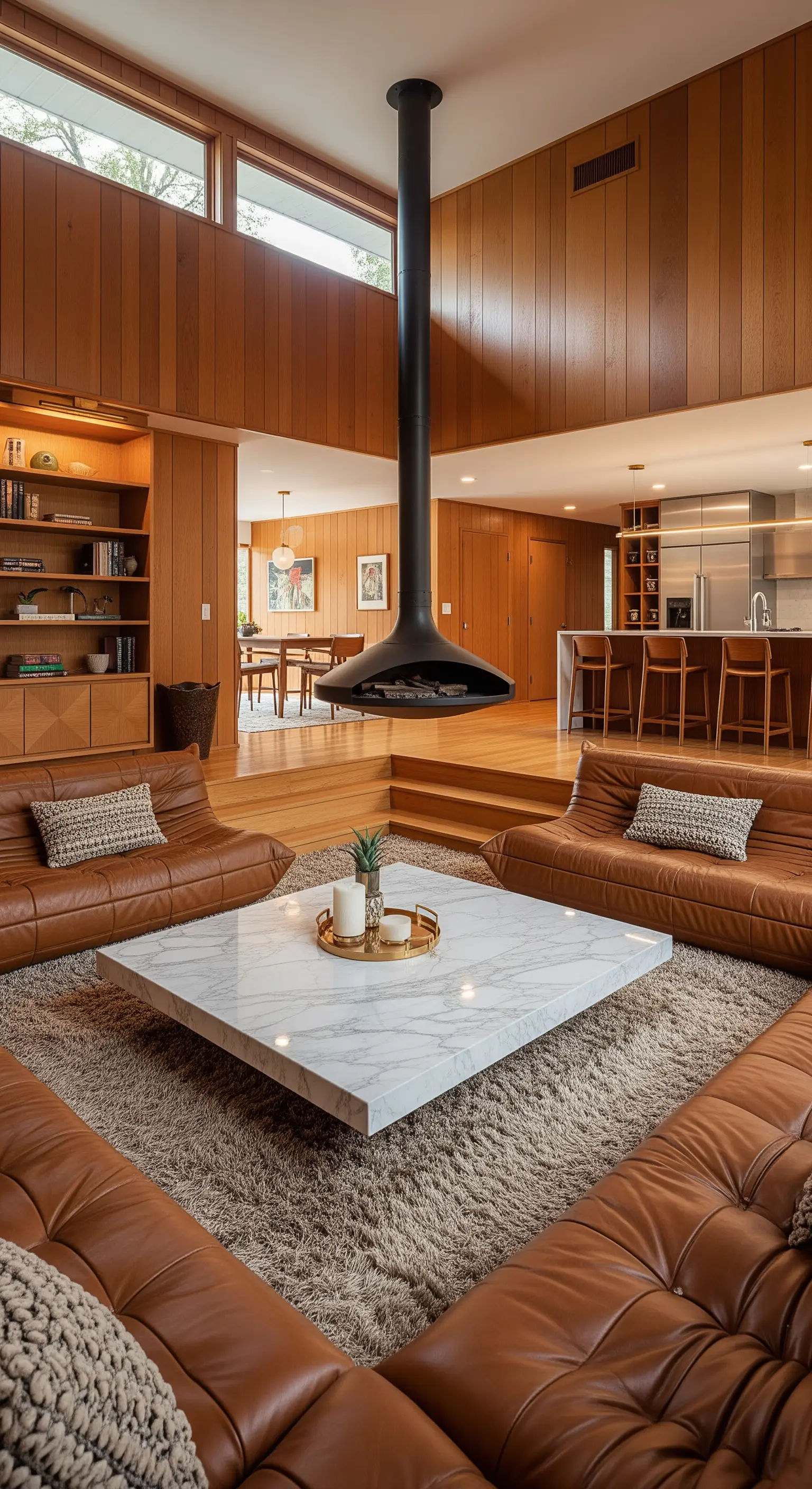 Salotto anni '70 con conversation pit in pelle marrone e camino sospeso nero.