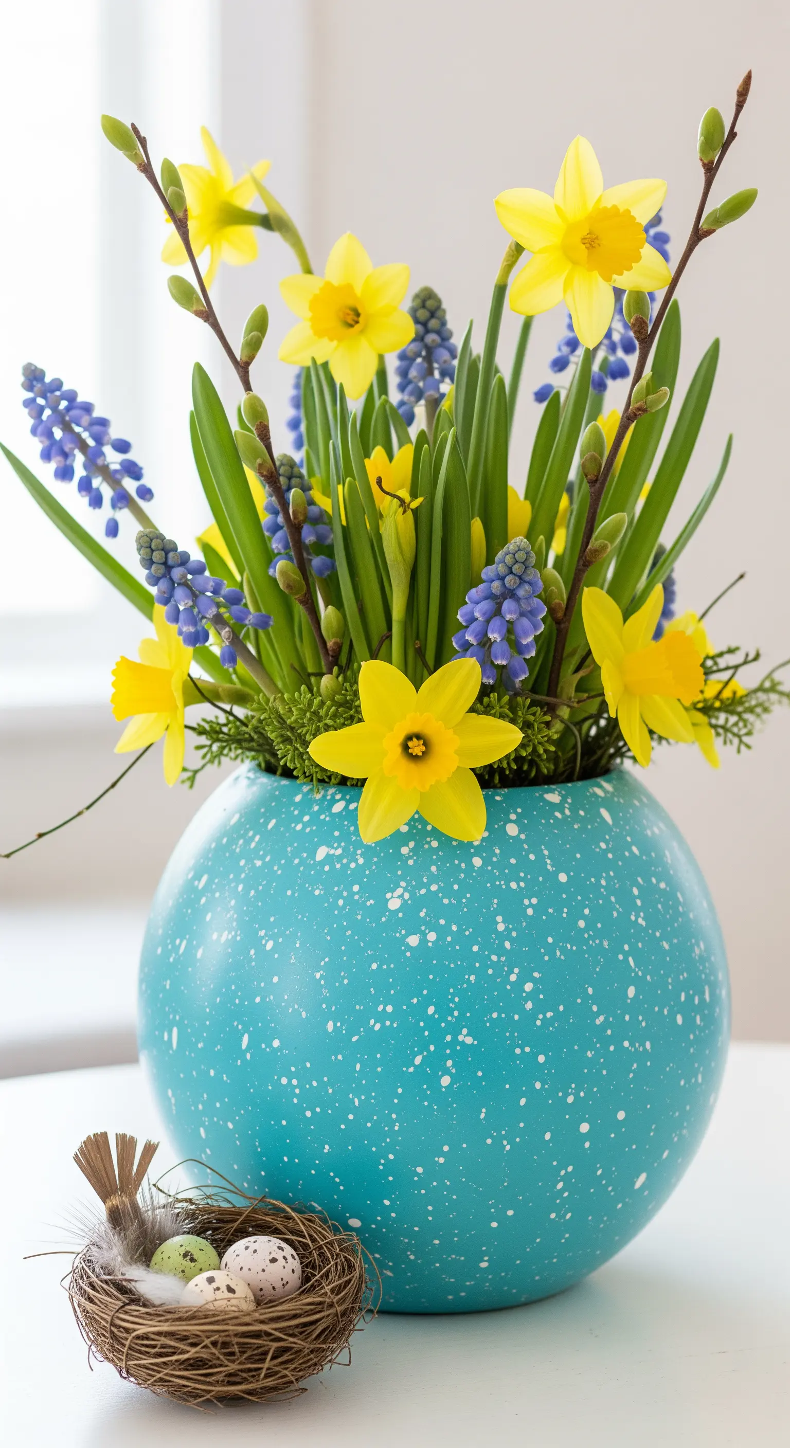 Vaso sferico turchese con schizzi di vernice bianca, con narcisi e muscari.
