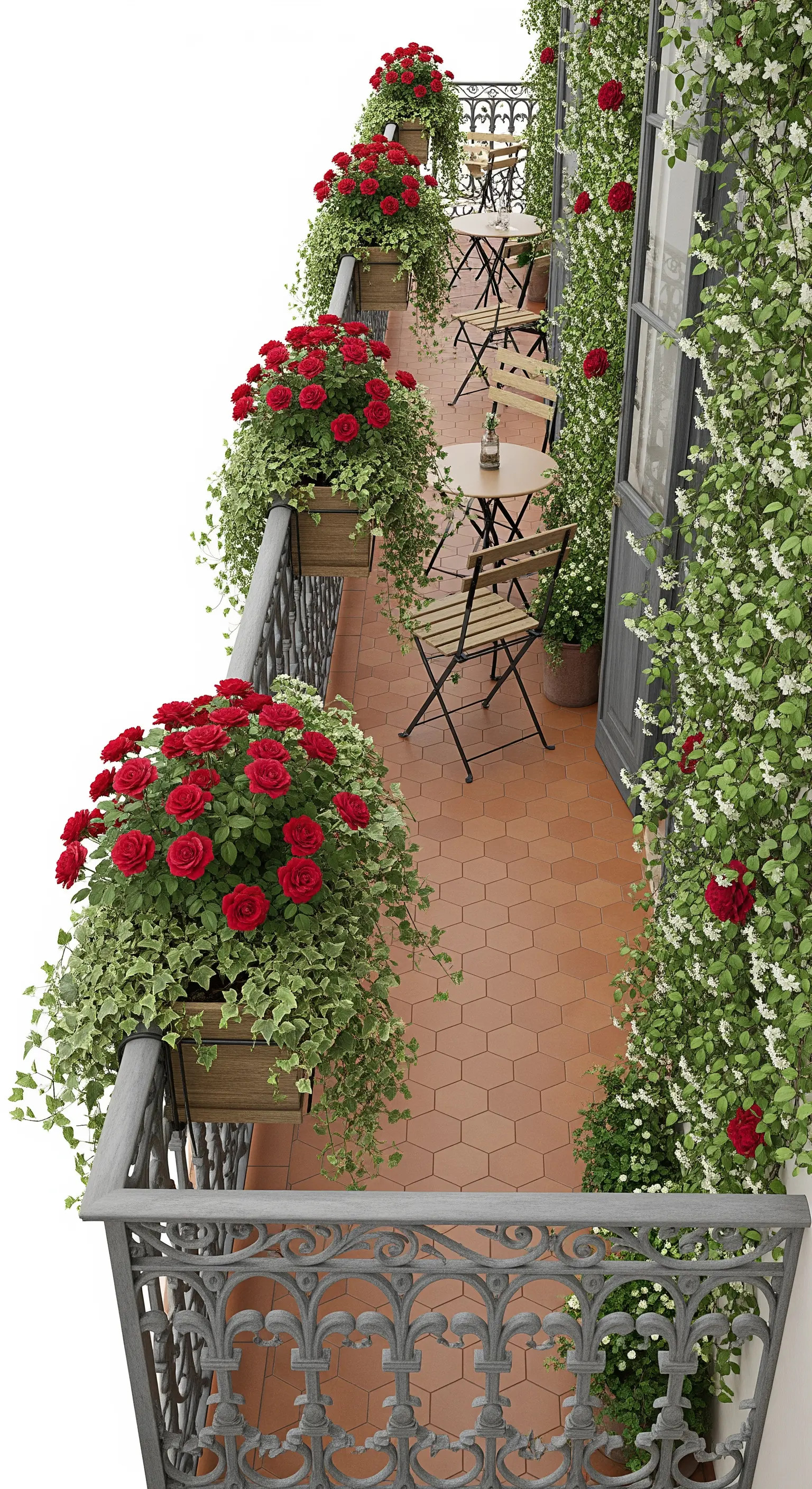 Balcone lungo con fioriere uguali piene di rose rosse ed edera, e tavolini da bistrò.