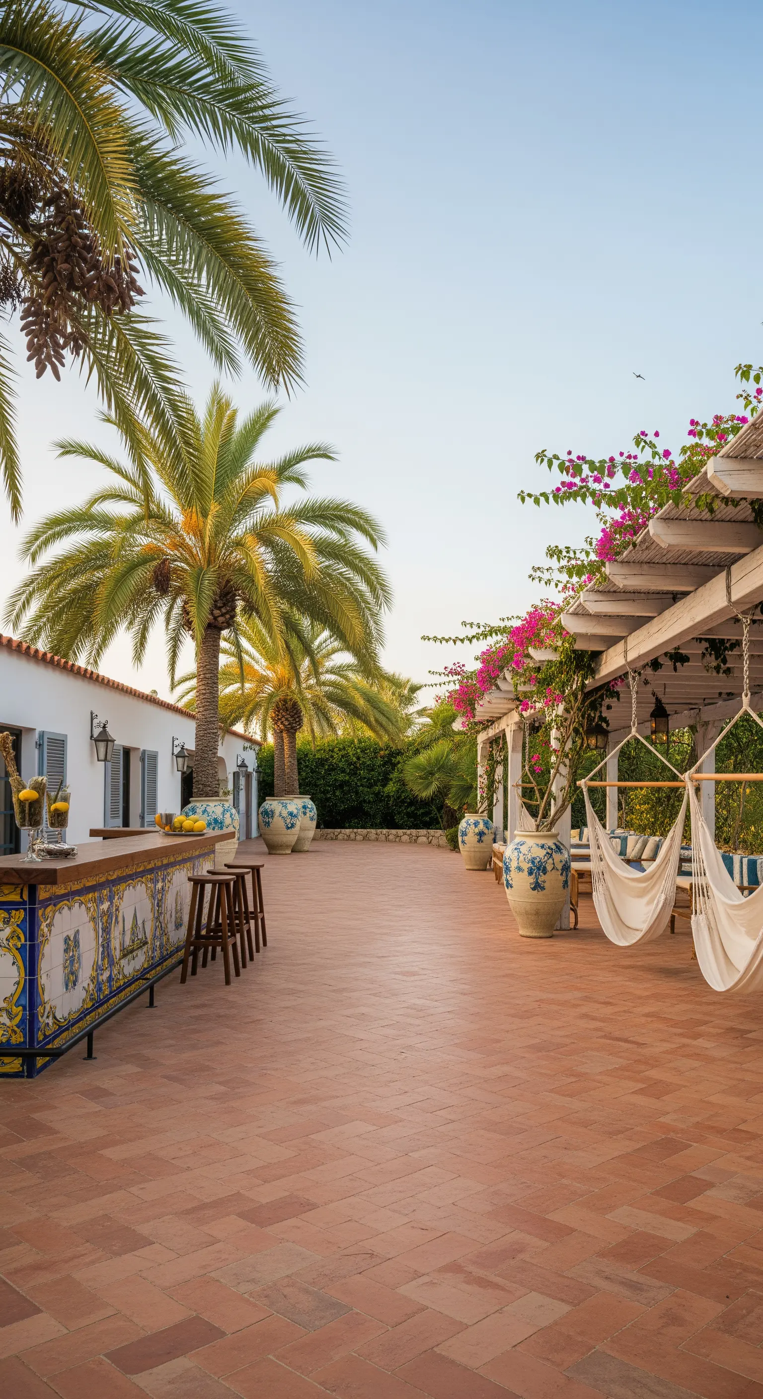 Grande patio in stile mediterraneo con bar piastrellato e una fila di amache bianche.