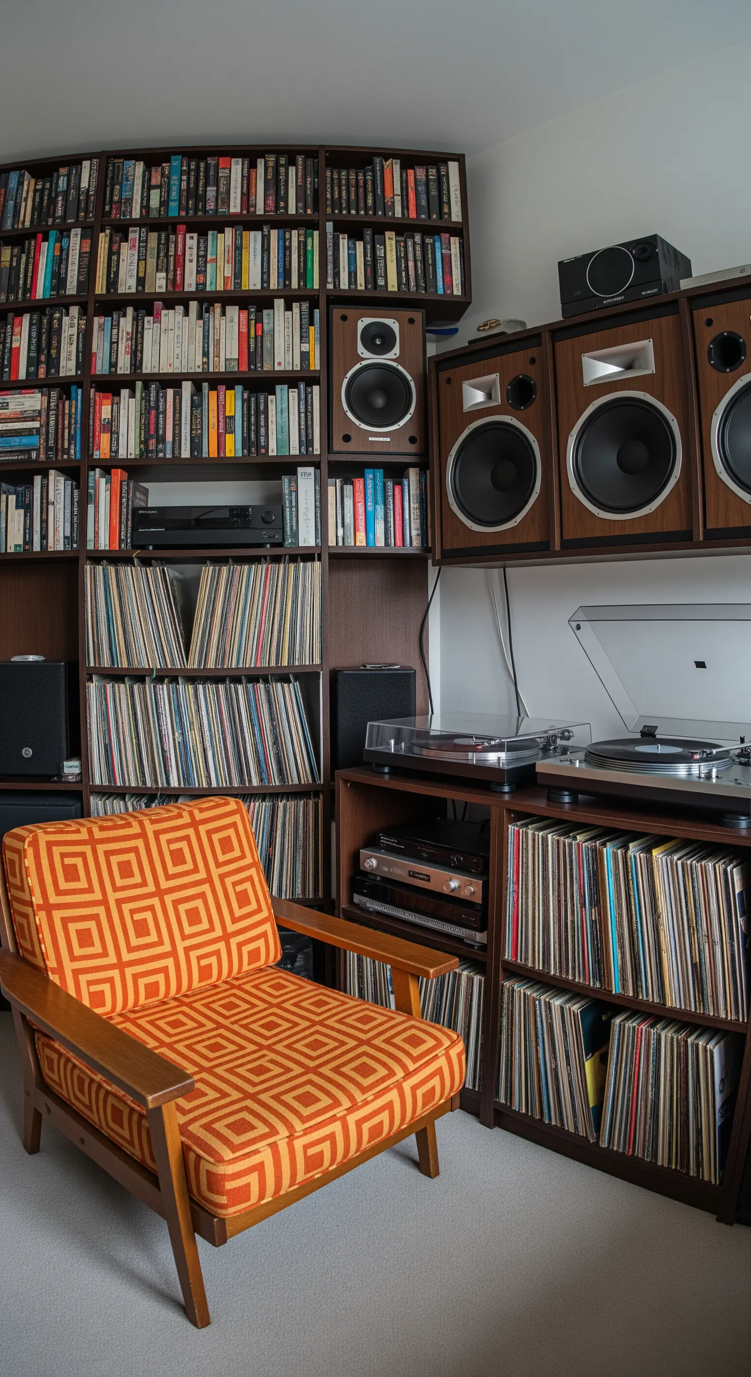 Libreria piena di libri e vinili con impianto stereo e poltrona vintage arancione.
