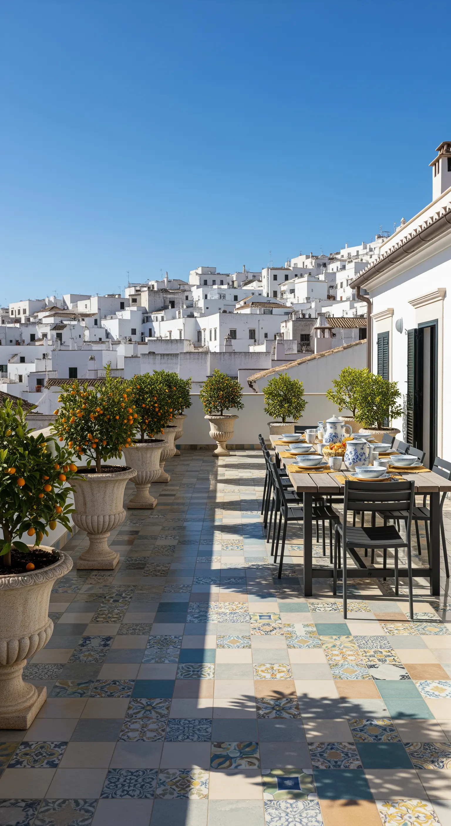 Grande terrazza con pavimento a patchwork, tavolo da pranzo e una fila di alberi di agrumi.
