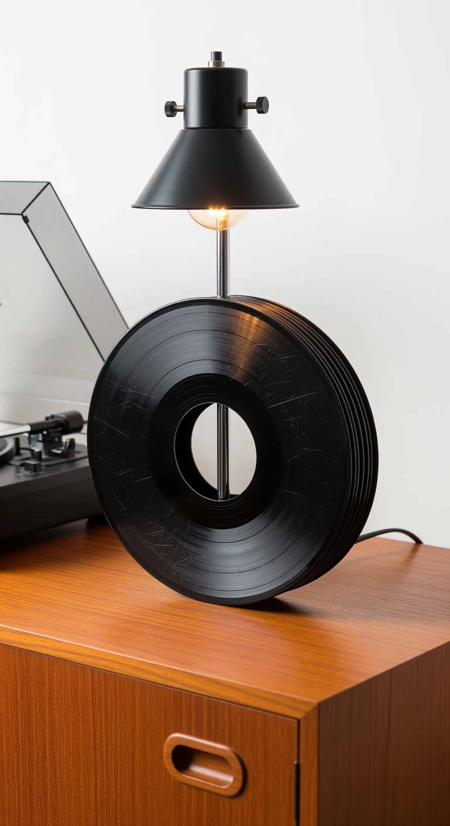 Lampada con base fatta da una pila di vecchi dischi in vinile neri.