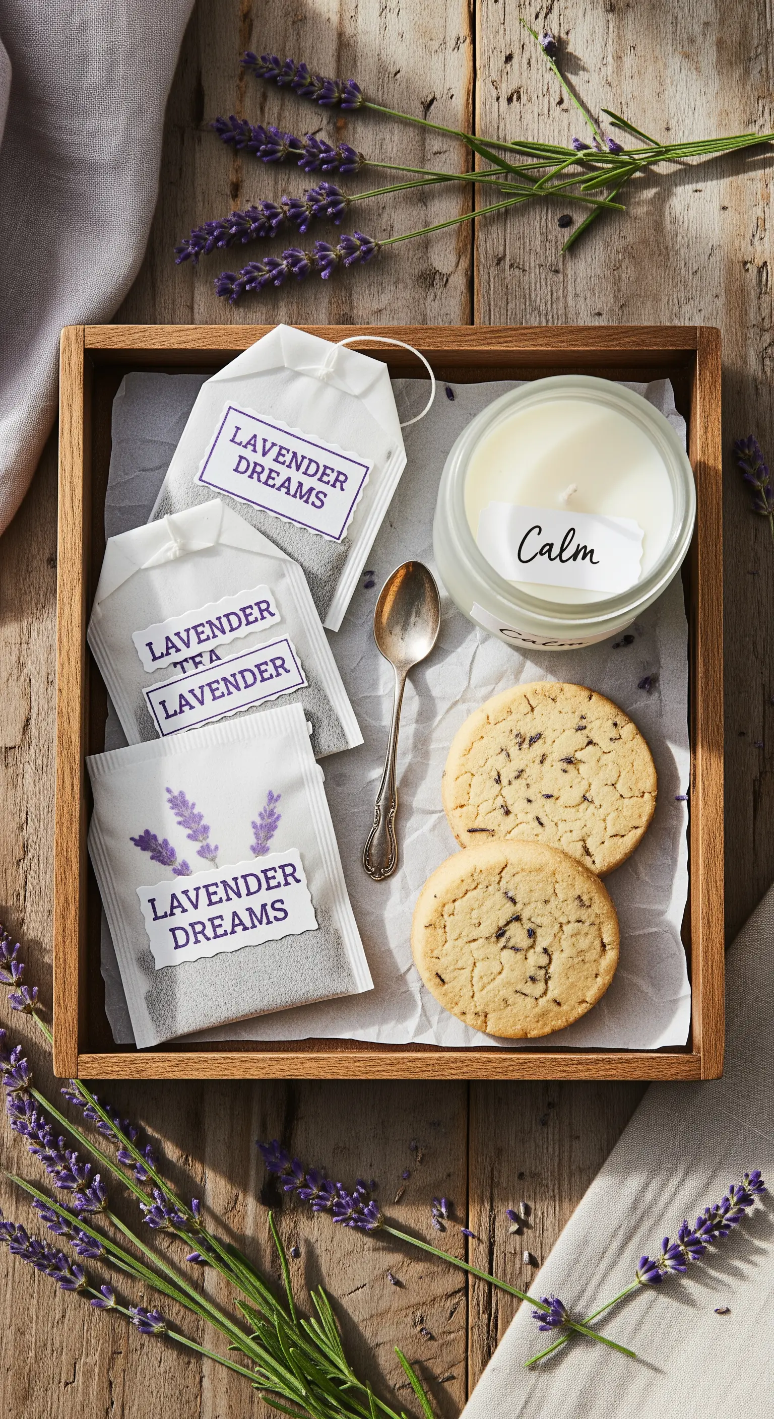 Kit regalo con tisana alla lavanda, biscotti e candela in una scatola di legno.