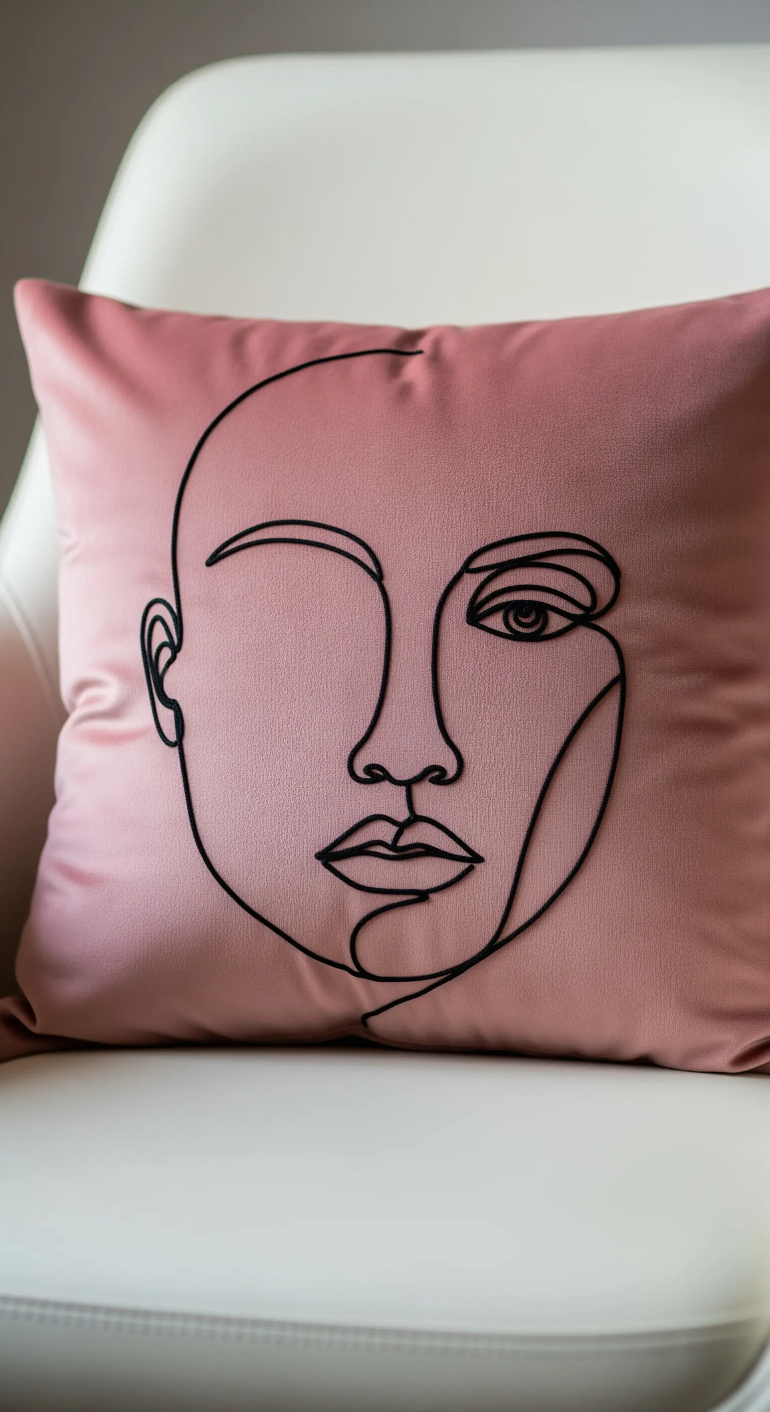 Cuscino rosa satinato con il profilo di un volto stilizzato ricamato in filo nero.