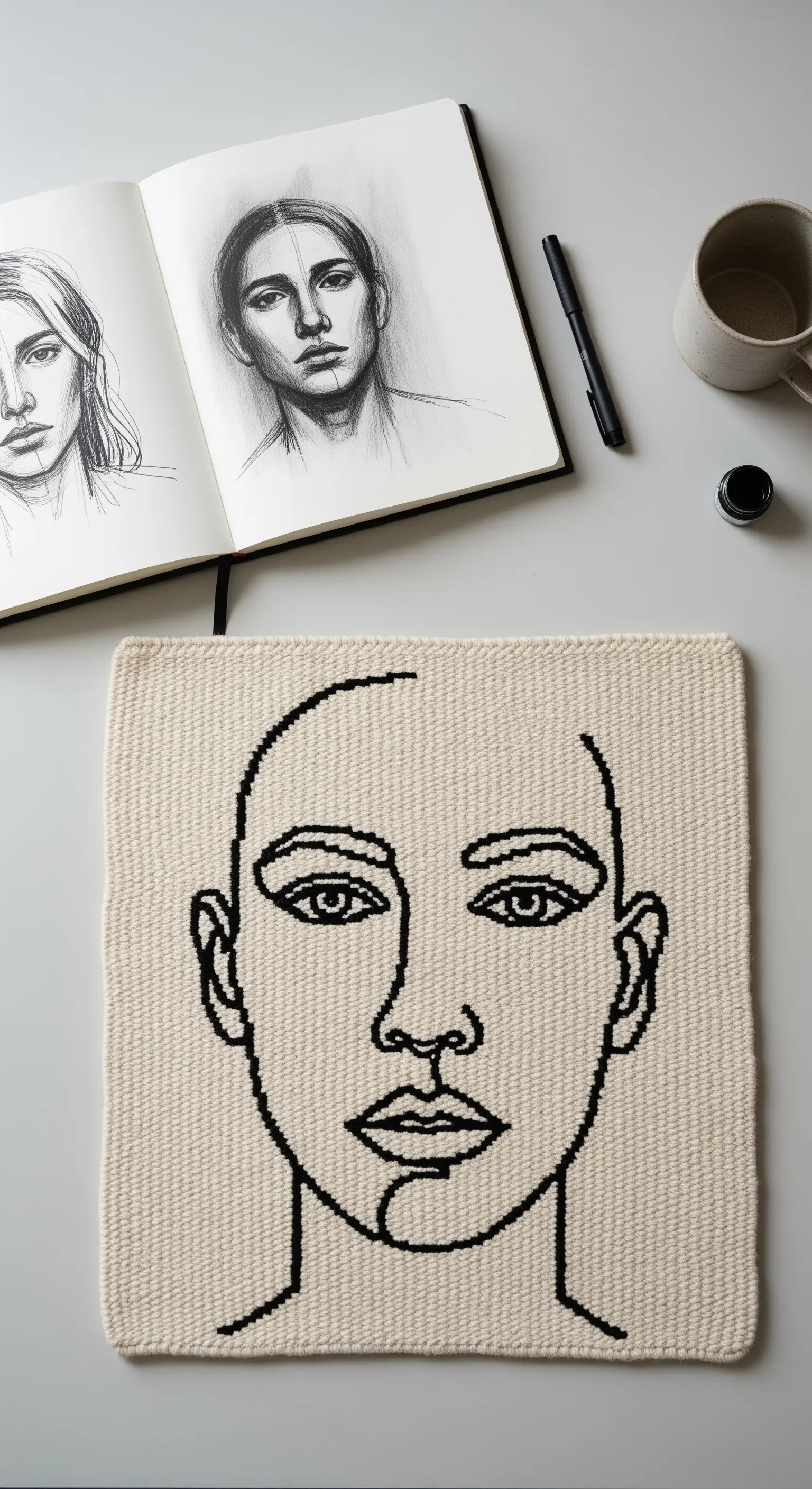 Piccolo tappeto color crema con il disegno stilizzato di un volto in filo nero.