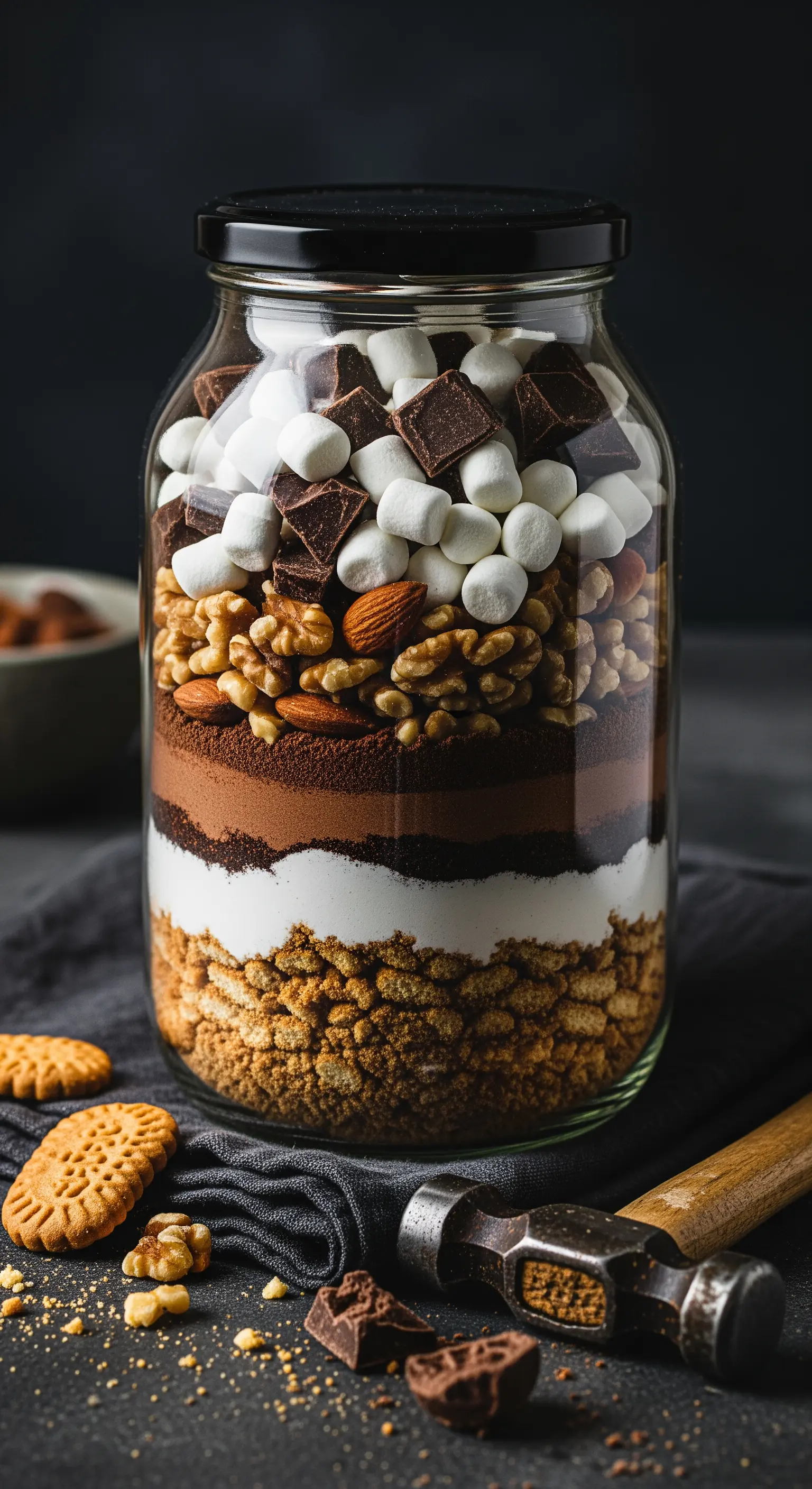 Barattolo di preparato per biscotti Rocky Road con frutta secca, cioccolato e marshmallow.