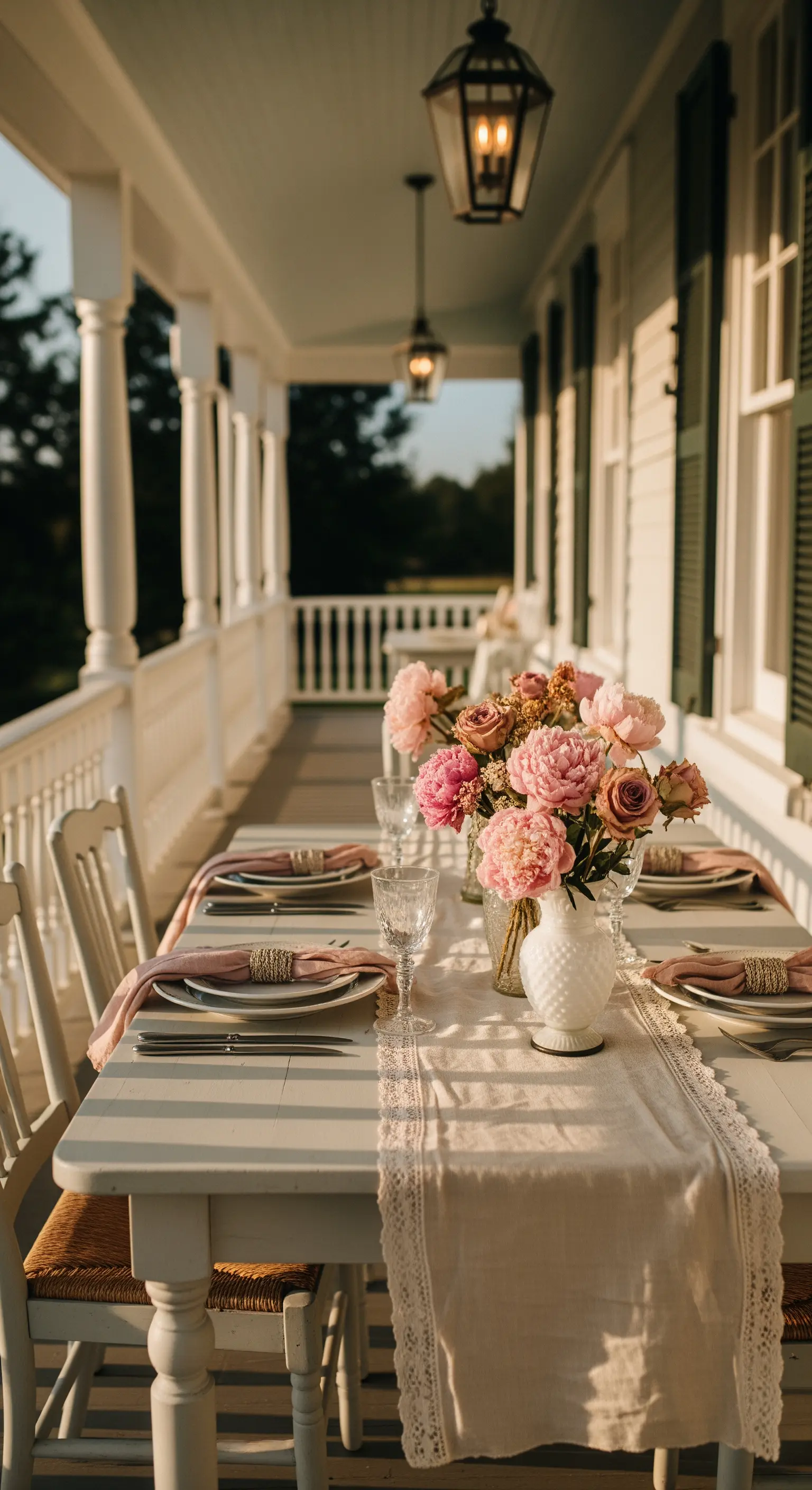 Tavolo bianco in veranda con runner in pizzo e peonie rosa in un vaso.