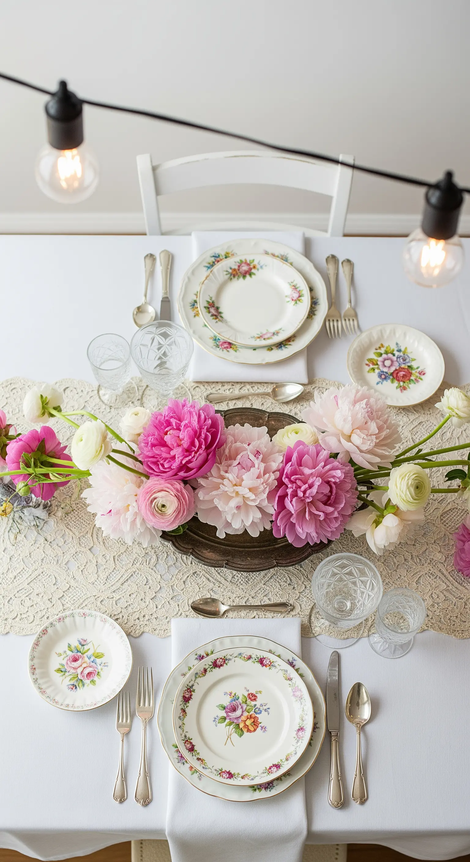 Tavola vintage con piatti a fiori, runner di pizzo e un centrotavola di peonie.