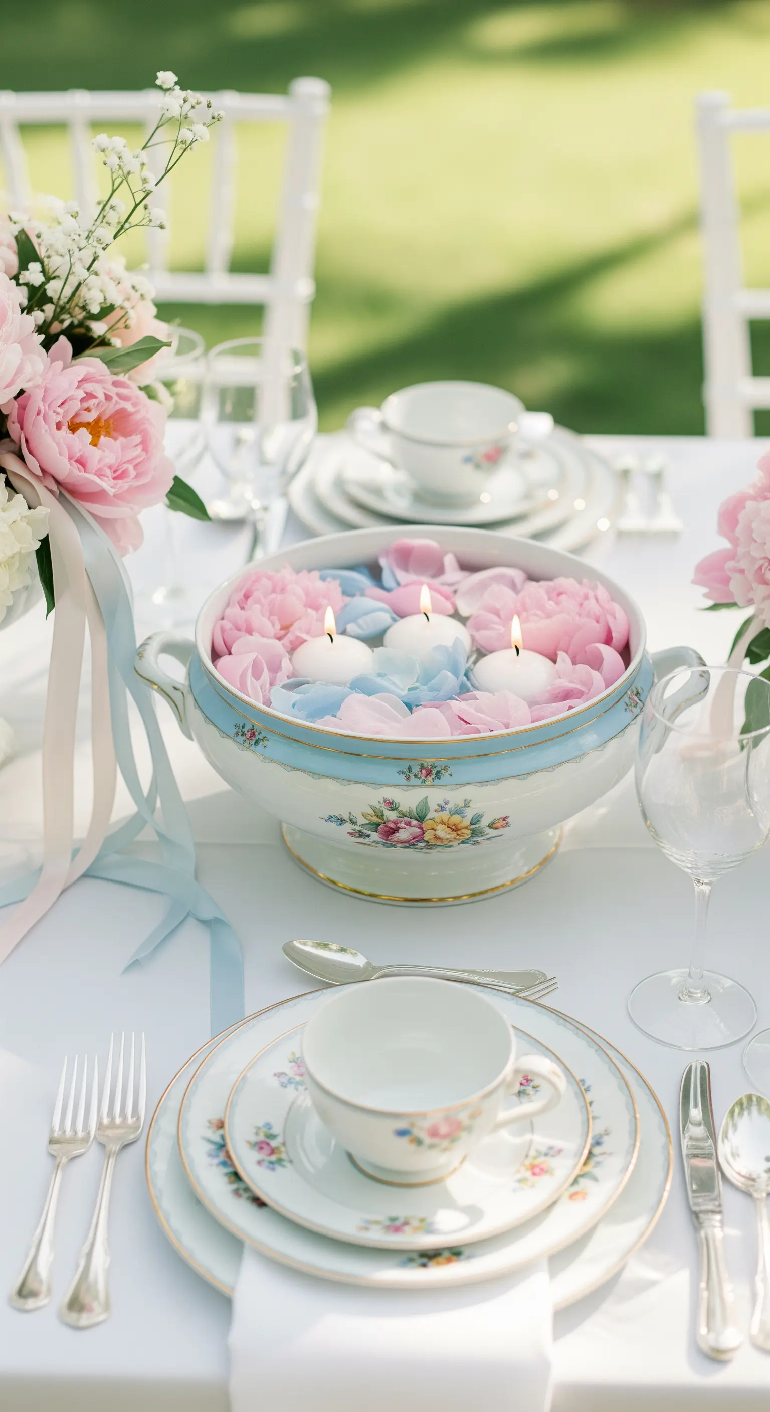 Zuppiera vintage in porcellana con petali rosa e azzurri e tre candele galleggianti.