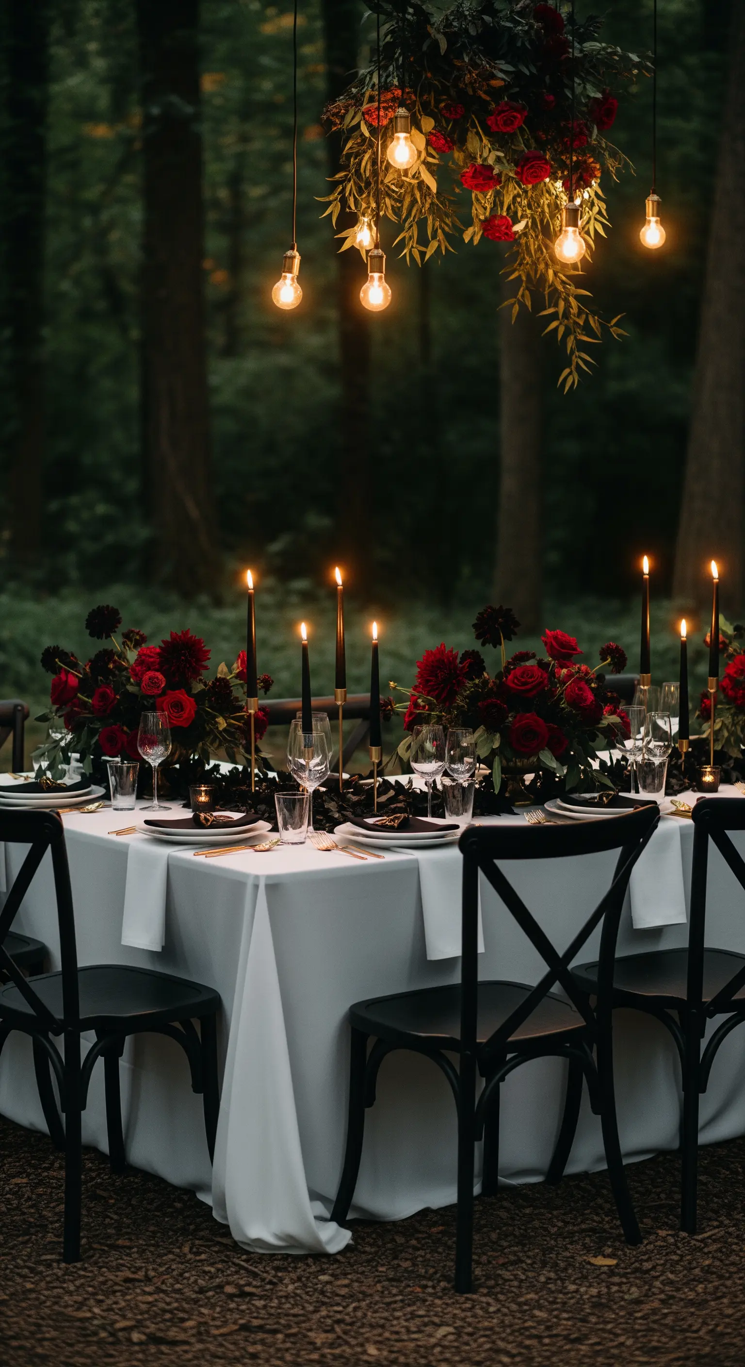 Tavola da matrimonio nel bosco con sedie nere, fiori rossi scuri e candele nere.