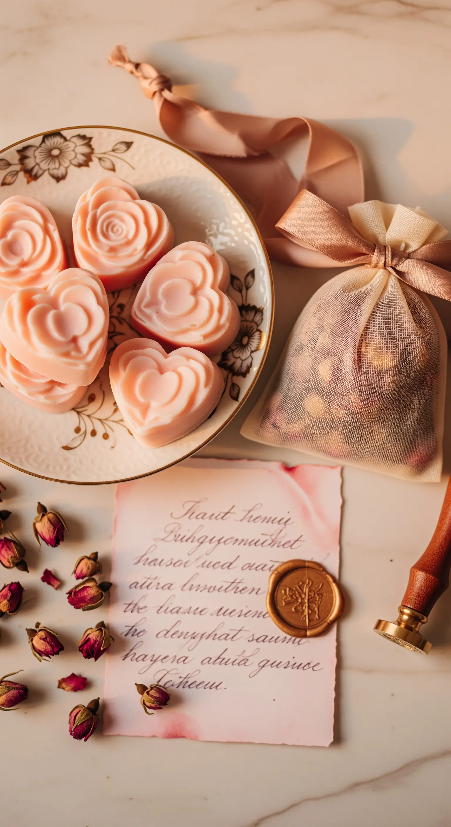 Saponette rosa a forma di cuore, sacchetto profumato e biglietto con sigillo in ceralacca.