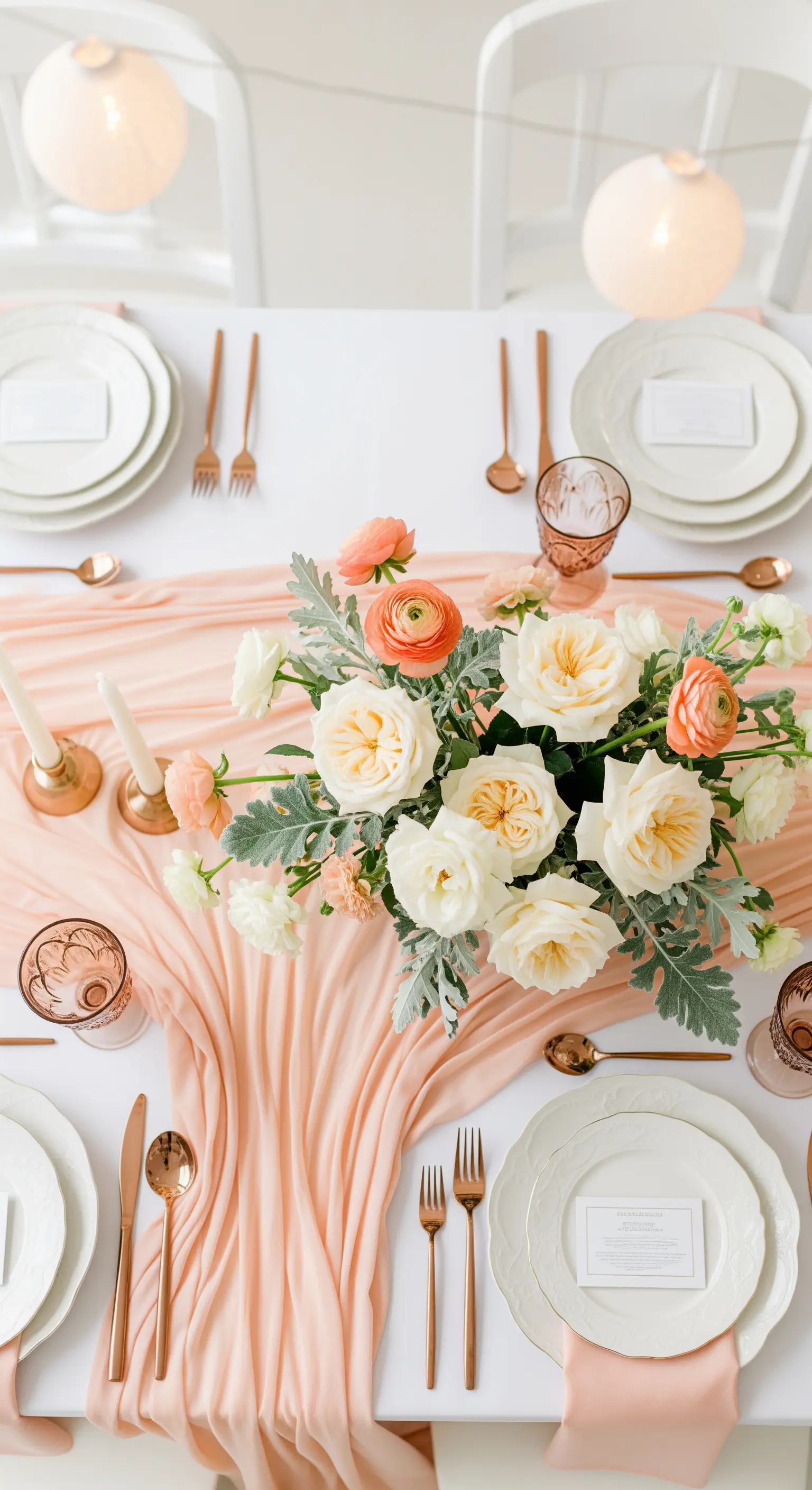 Tavola romantica con runner rosa, rose bianche e posate in oro rosa.