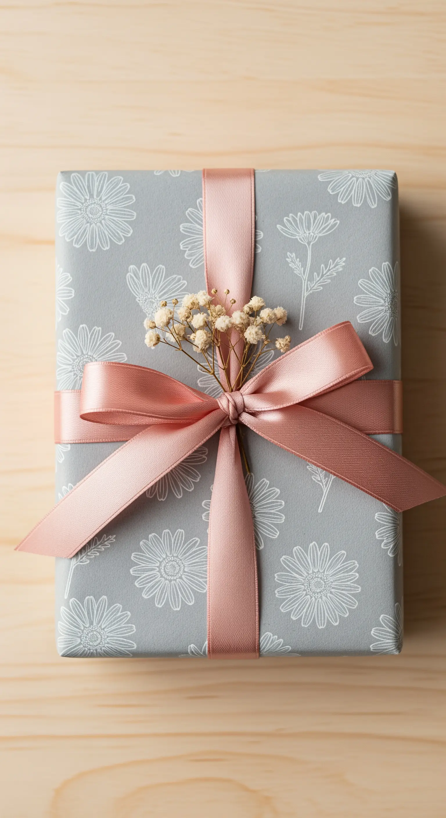 Pacco regalo grigio con fiori bianchi, nastro di raso rosa e un rametto di fiori secchi.